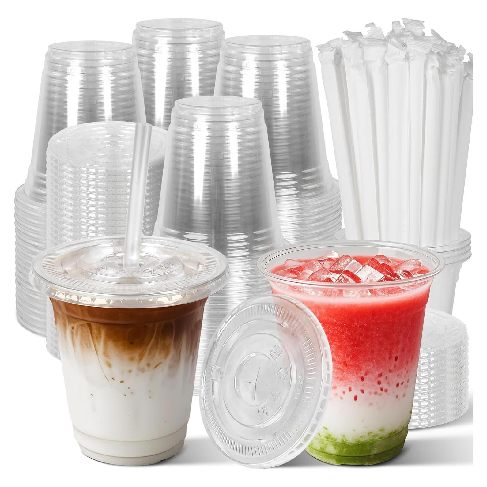 Charmount 50 Vasos de Plástico 12 oz Transparentes con Tapas y Pajitas