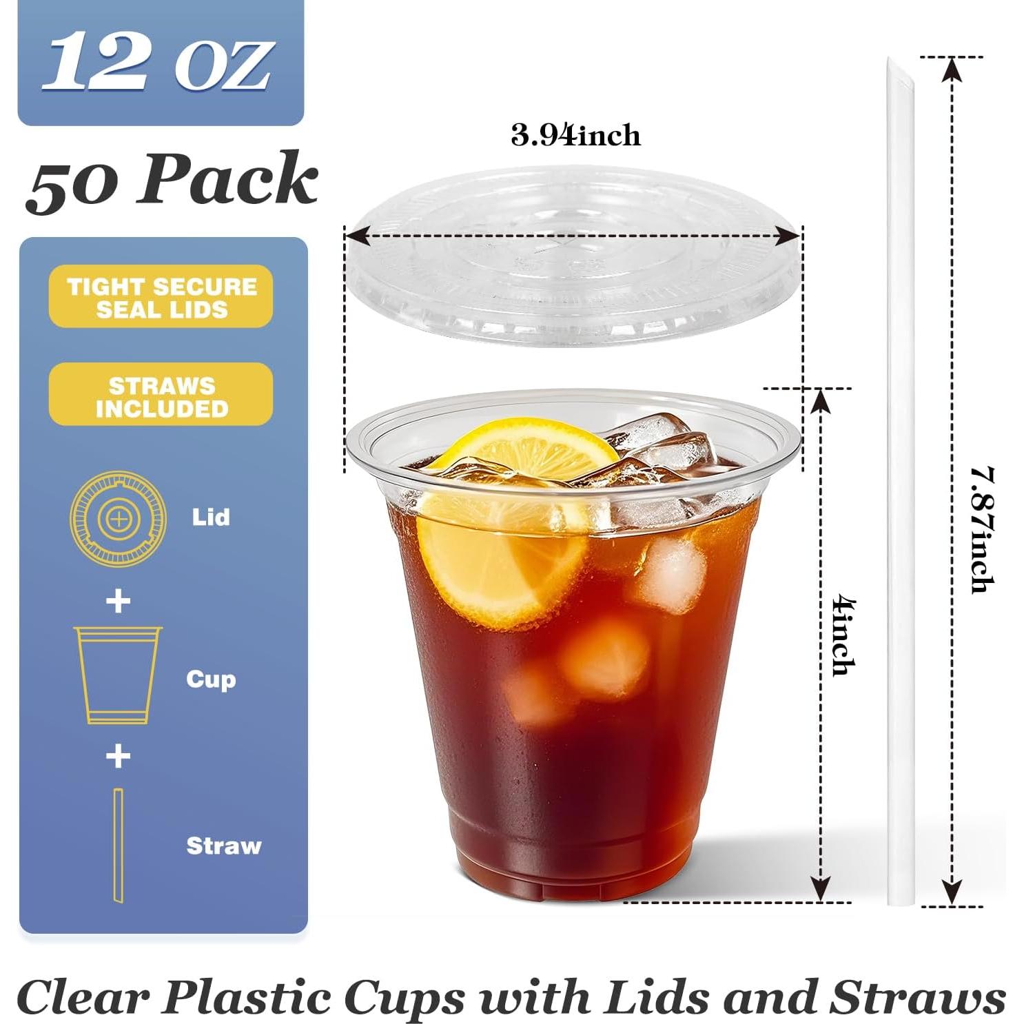Charmount 50 Vasos de Plástico 12 oz Transparentes con Tapas y Pajitas