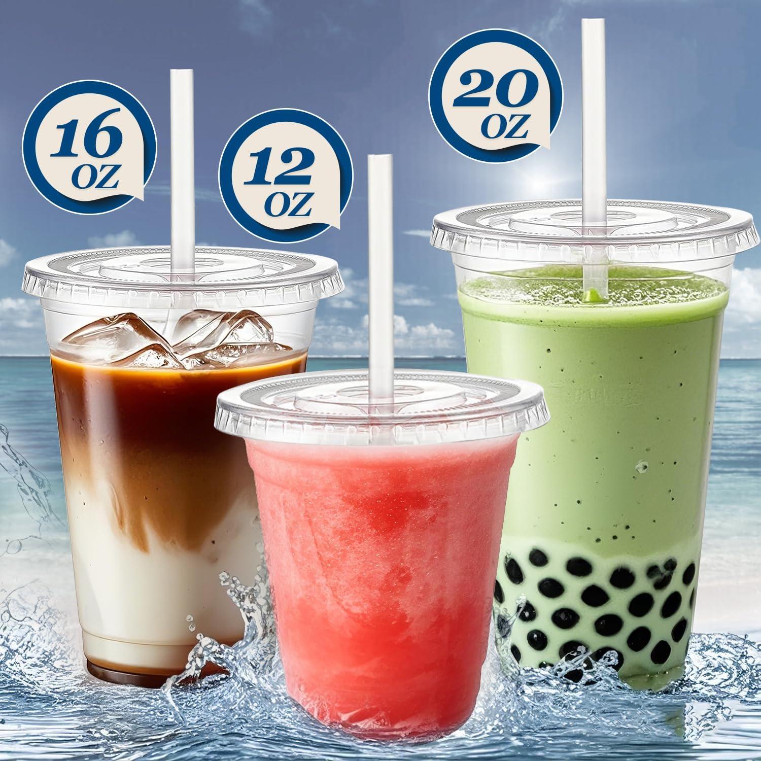 Charmount 50 Vasos de Plástico 12 oz Transparentes con Tapas y Pajitas