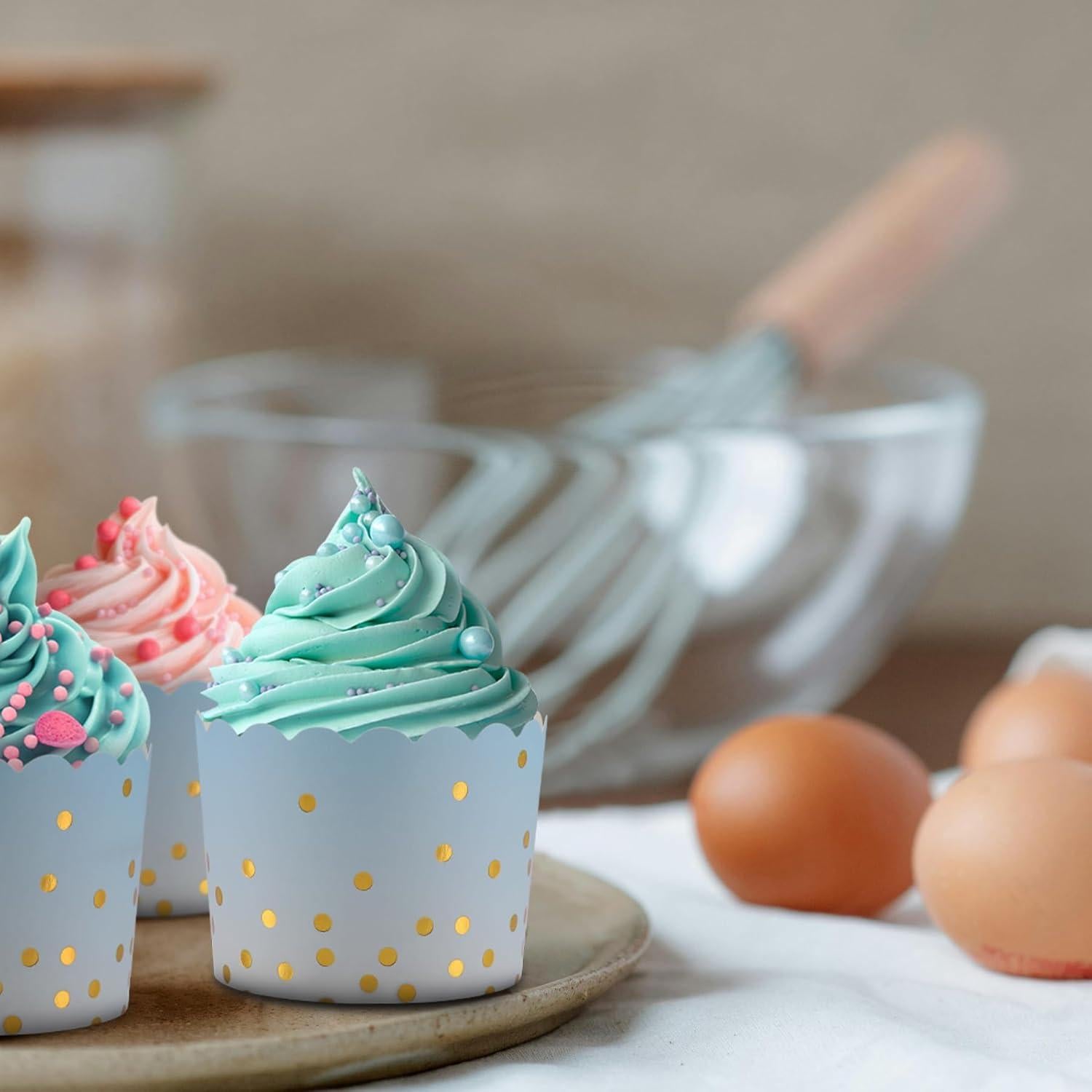 Forros para Cupcakes TRUSBER 50 Piezas Azul con Puntos Dorados