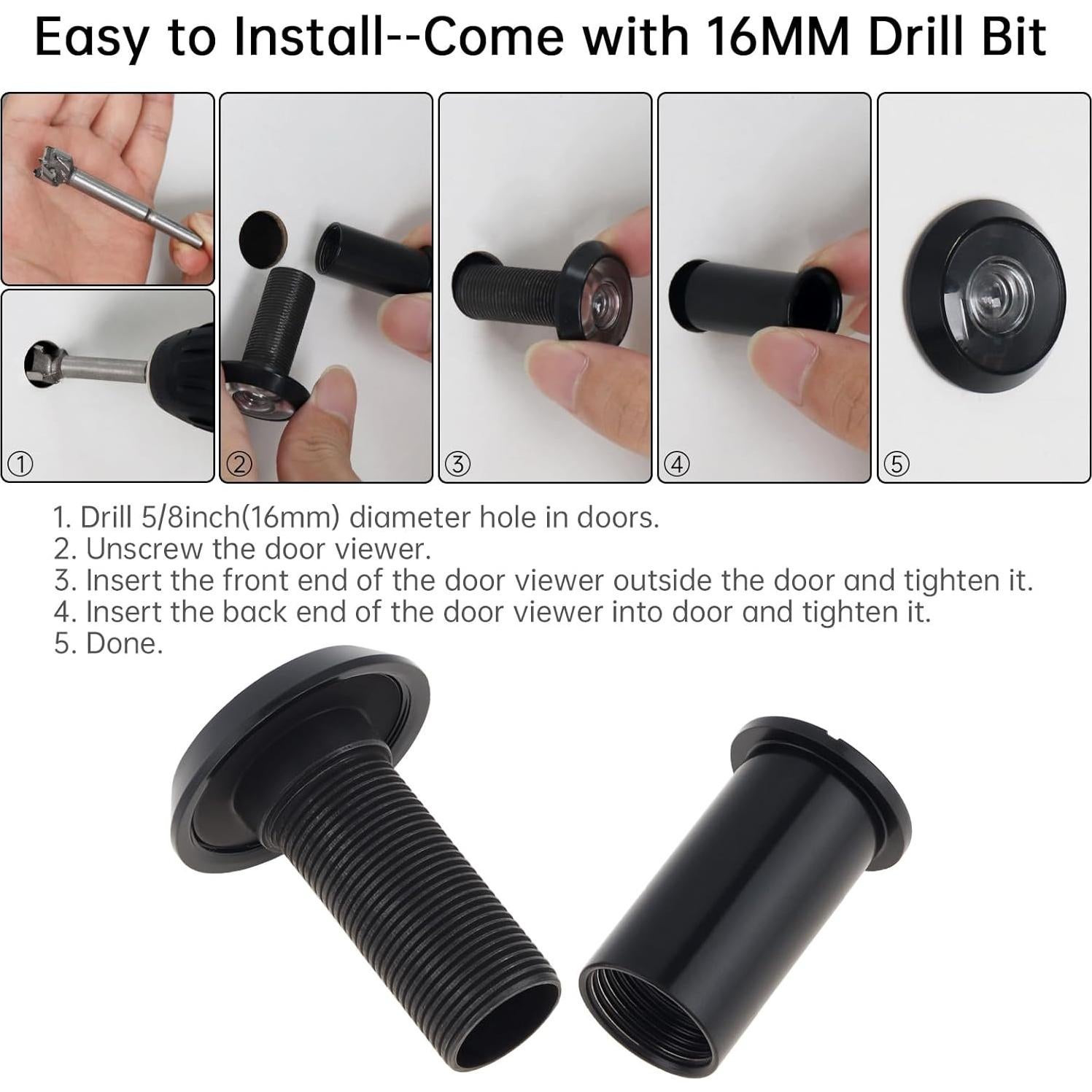 Mirador de Puerta HOJLKLD 200 Grados con Broca 16mm Negro