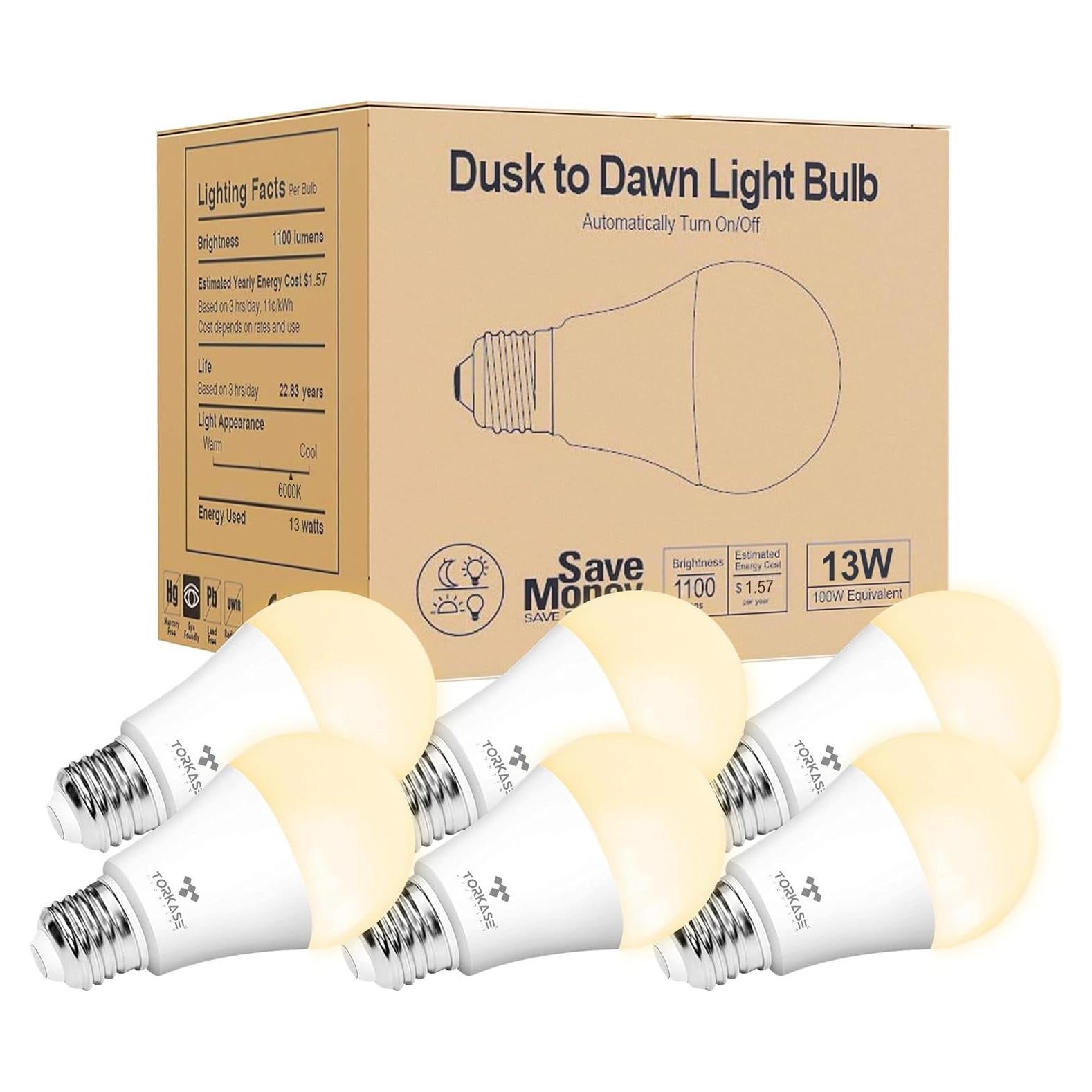 Bombillas LED Torkase 12W E26 con sensor luz - Paquete de 6