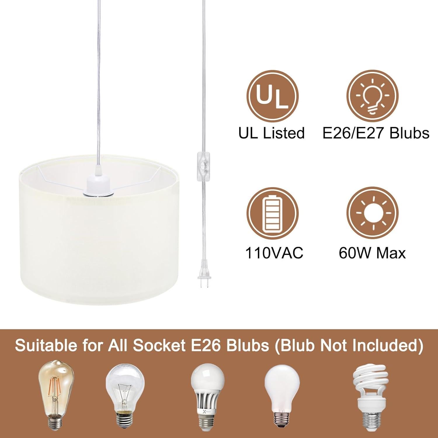 Lámpara Colgante PATIKIL Beige, Cable 4.57m, Pantalla Lino E26/E27