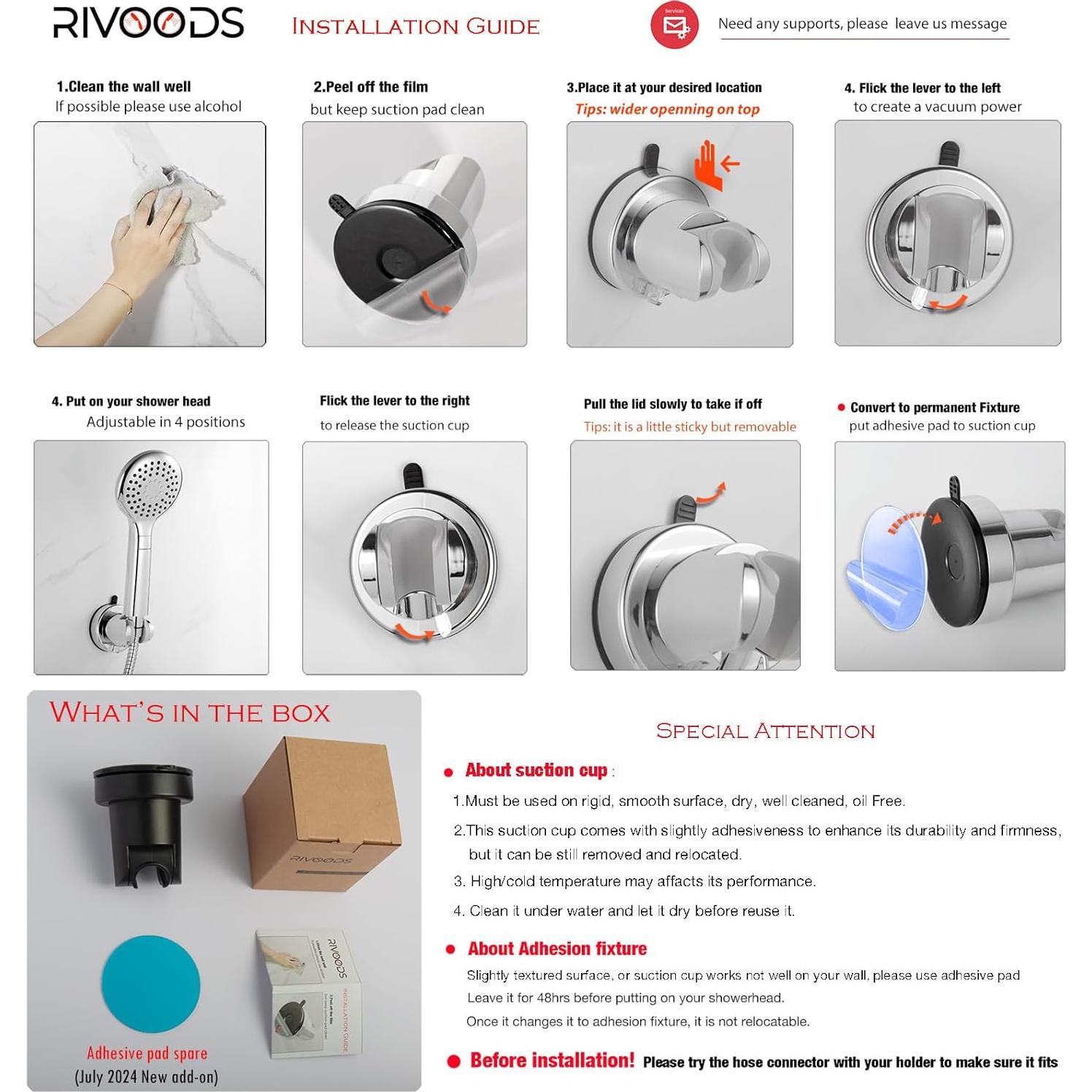 Soporte de Ducha de Mano RIVOODS con Ventosa Ajustable 5 Posiciones