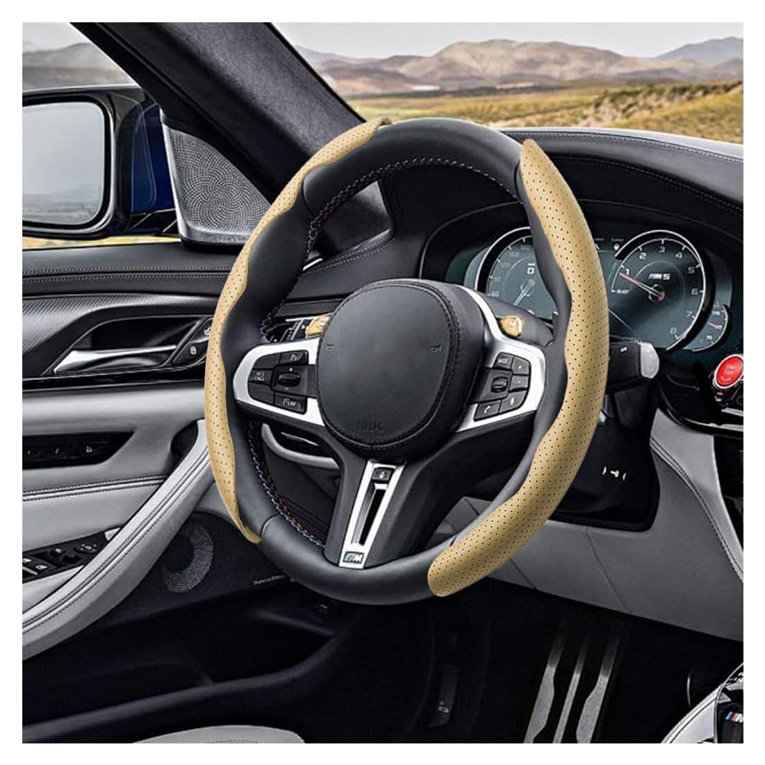 Funda de Volante de Coche LoyaForba 38 cm Cuero Antideslizante Beige