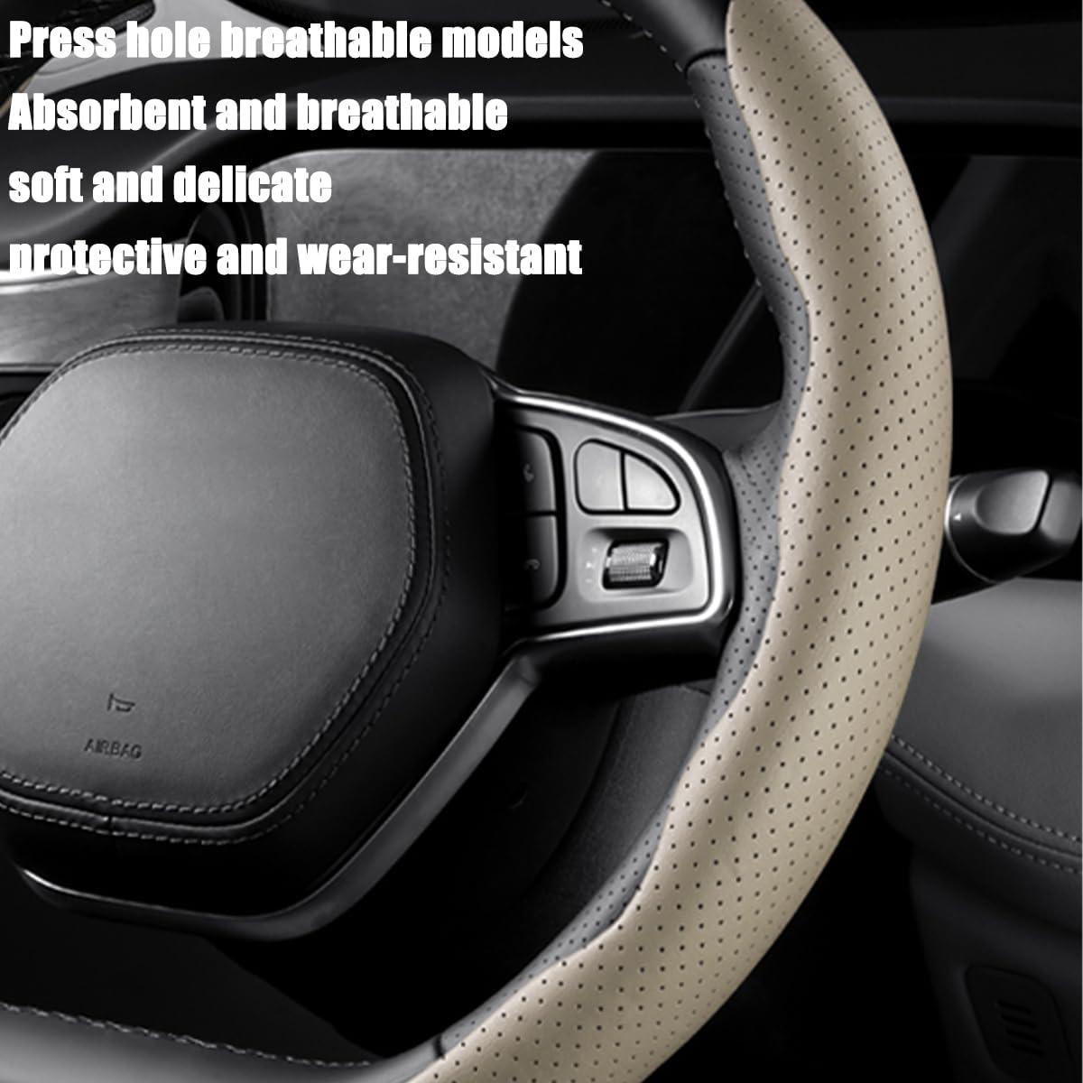 Funda de Volante de Coche LoyaForba 38 cm Cuero Antideslizante Beige