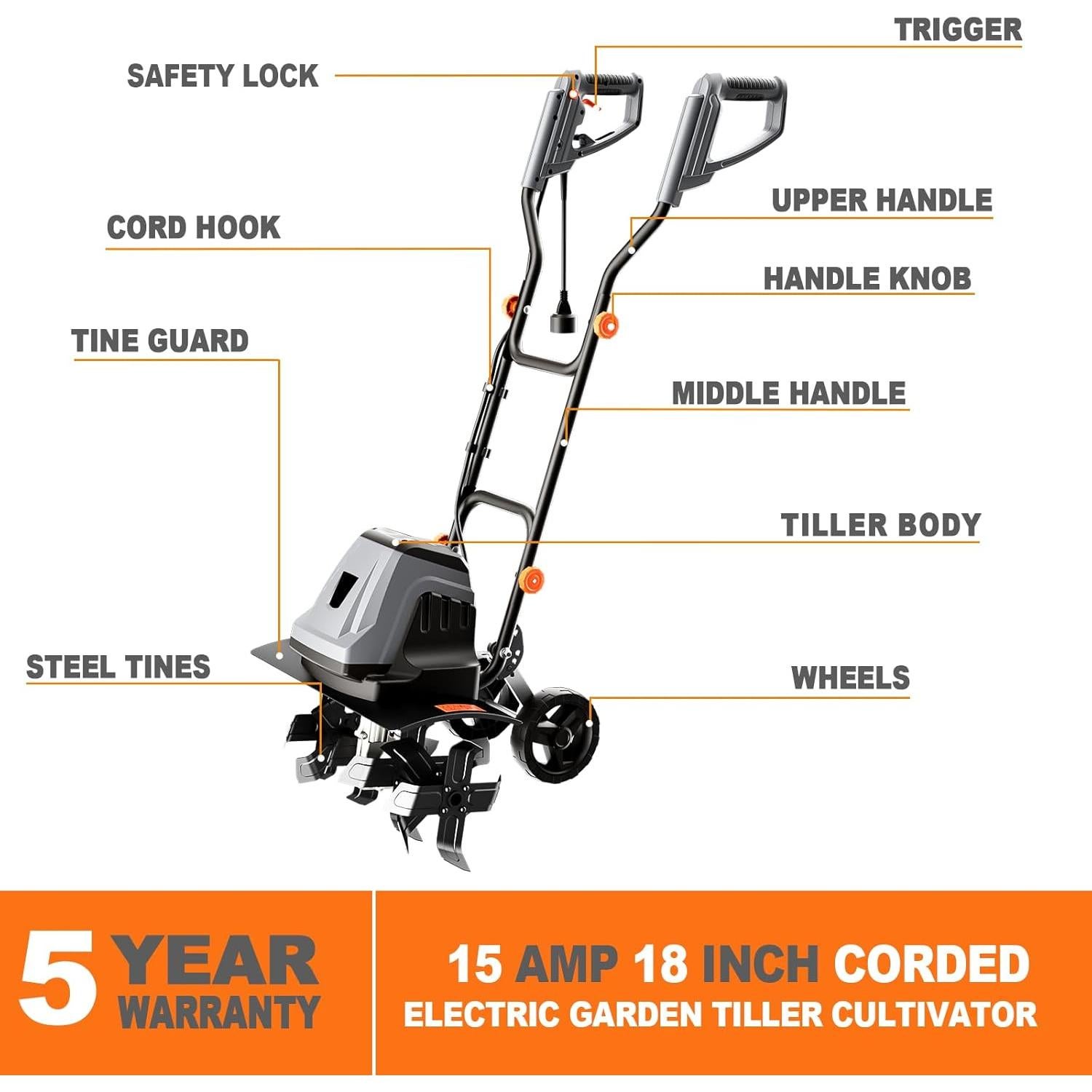 Cultivador Eléctrico Danero 15A 45.72cm 24 Púas Acero