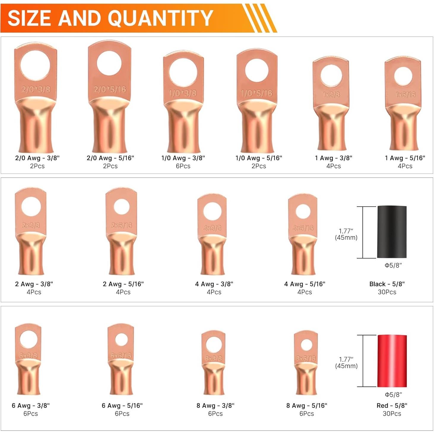 Kit de Terminales de Cobre Kuject 120PCS AWG 1-2-4-6-8
