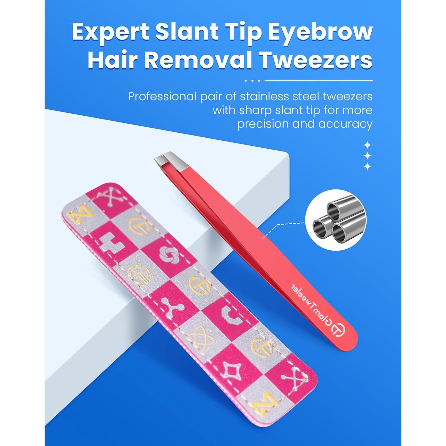 Pinzas de Depilación GlamTweeler con Estuche de Cuero Rosa