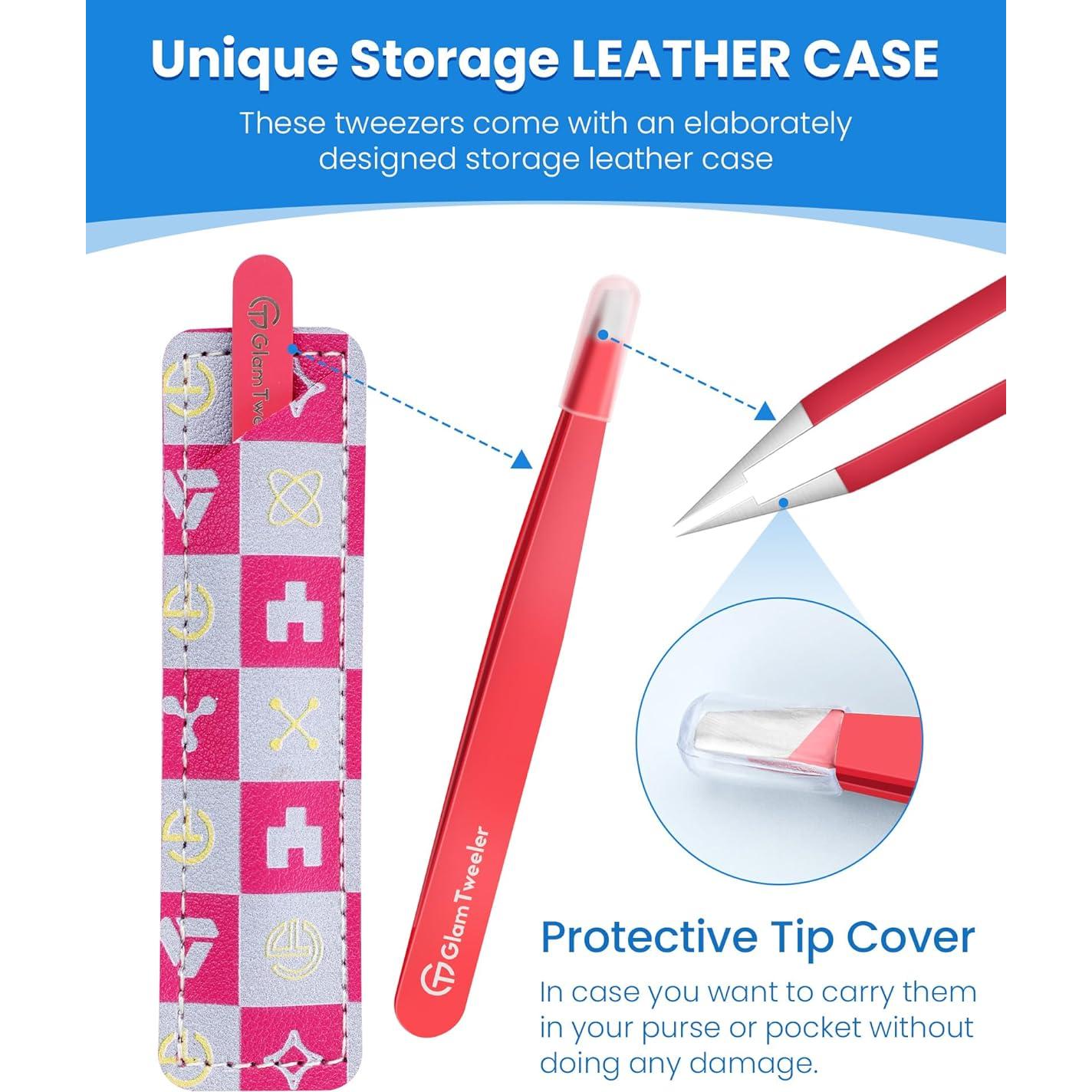 Pinzas de Depilación GlamTweeler con Estuche de Cuero Rosa