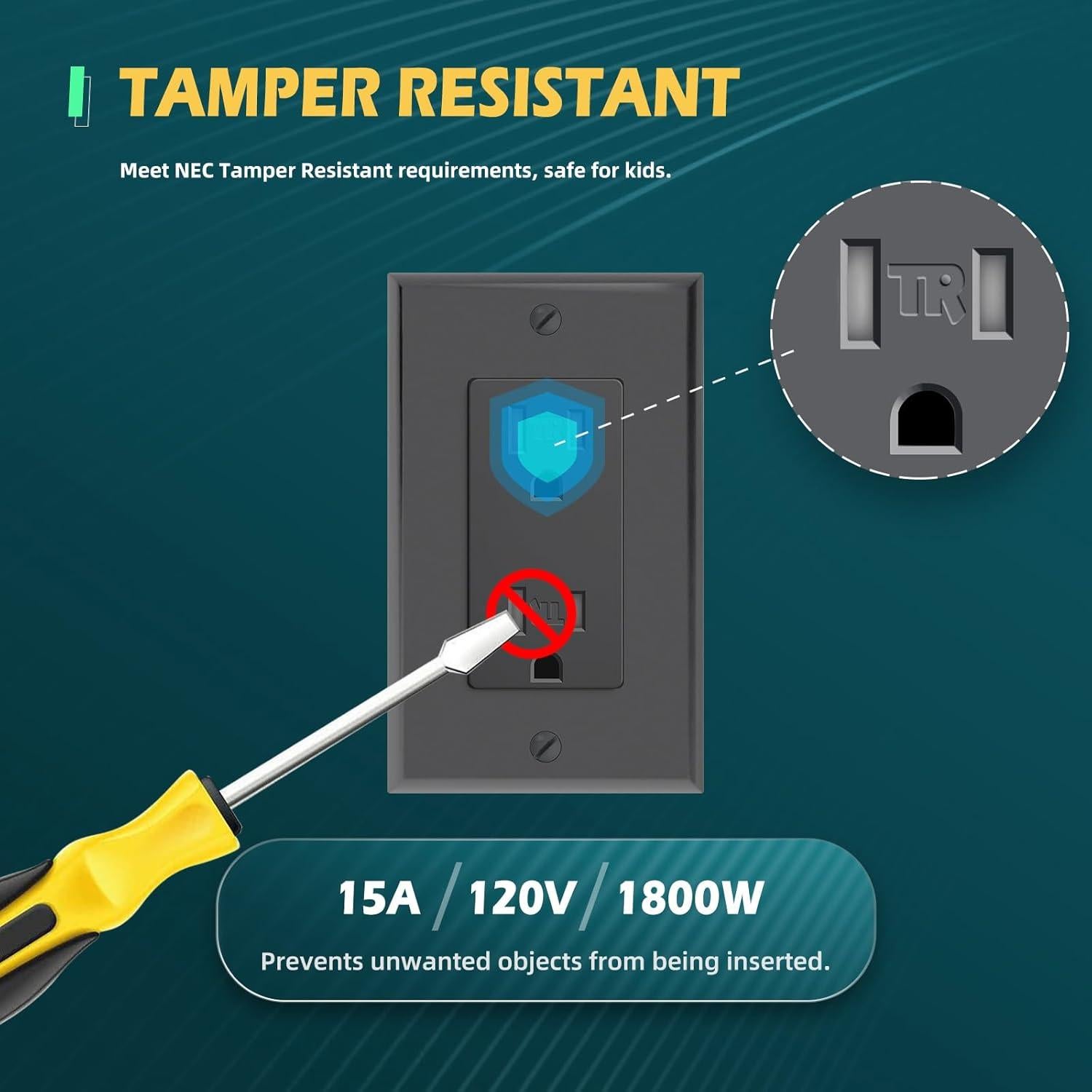 Receptáculo Eléctrico de Pared TOPELER Negro 15A a Prueba de Manipulación
