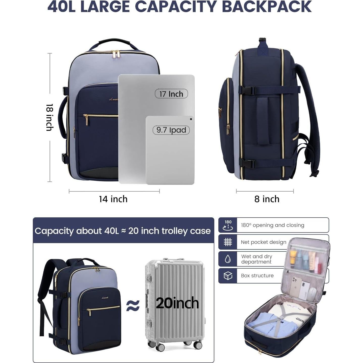 Mochila de Viaje LOVEVOOK 40L Unisex Aprobada por Aerolíneas