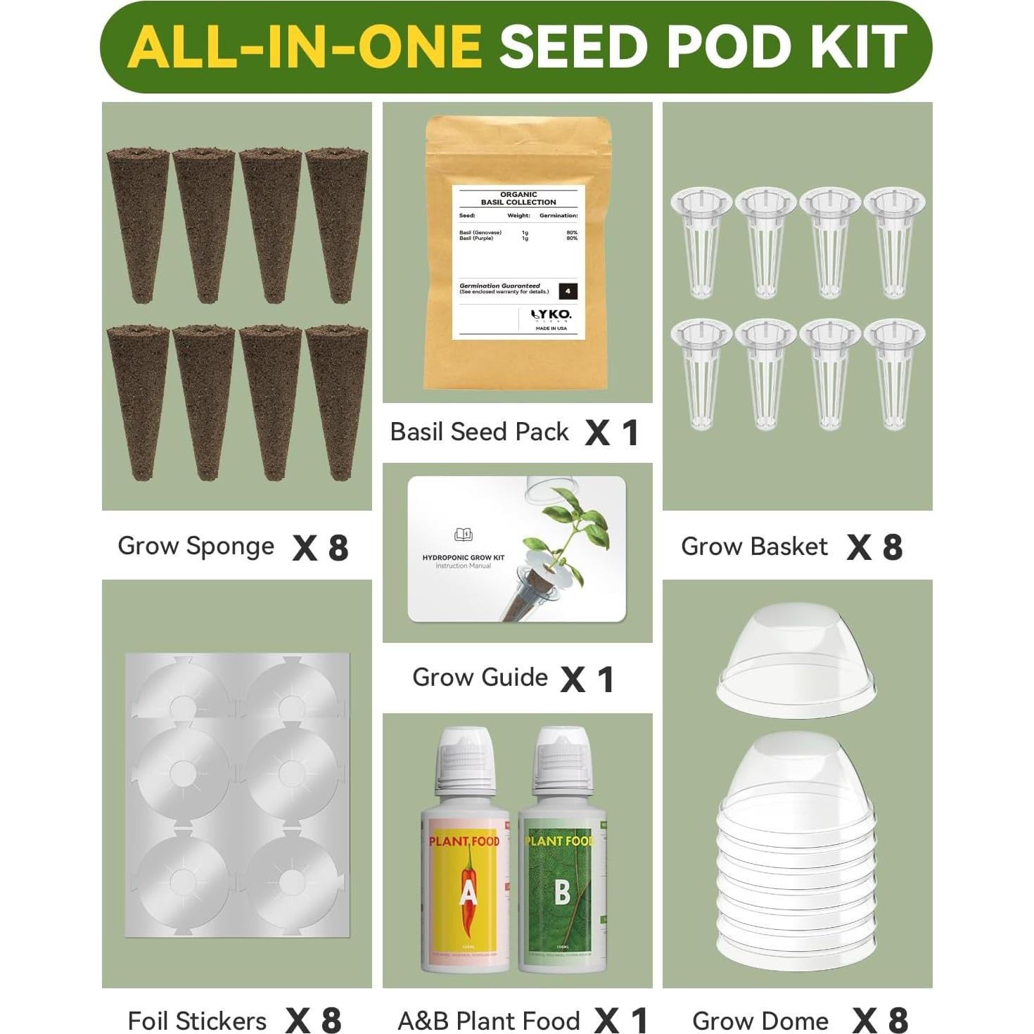 Kit de Vaso Hidropónico LYKOCLEAN 8 Vasos con Albahaca
