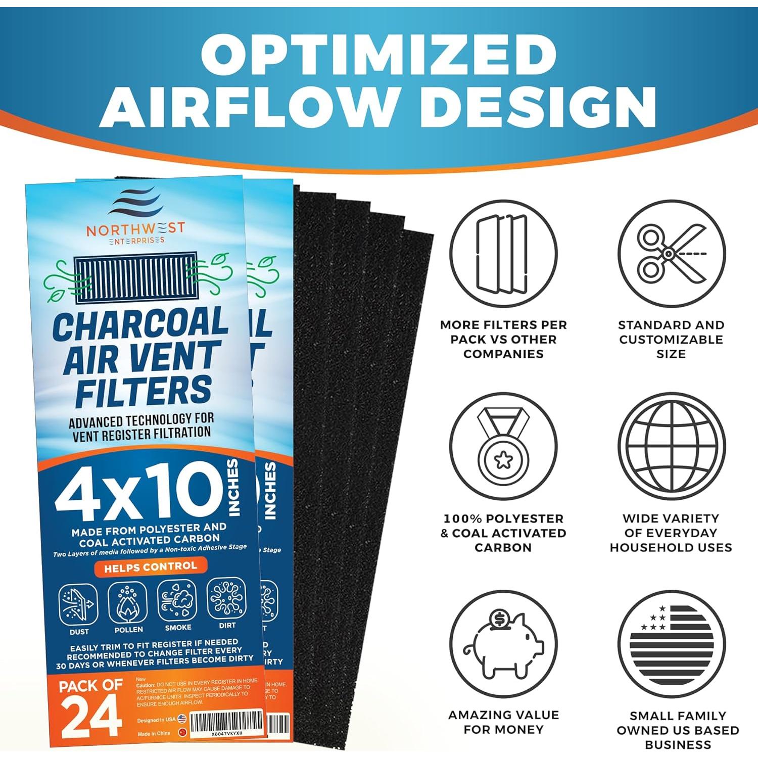 Filtros de Ventilación de Carbón Activado 4"x10" - Paquete de 24