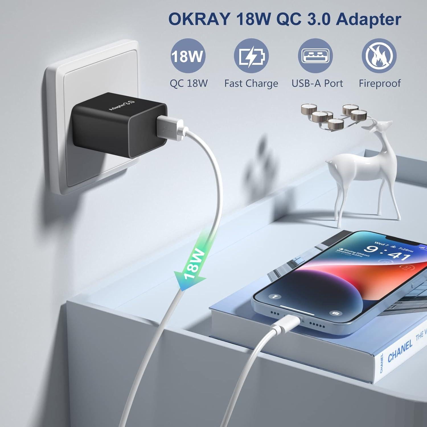 Cargador Rápido USB-A OKRAY 18W Paquete de 2 Adaptadores