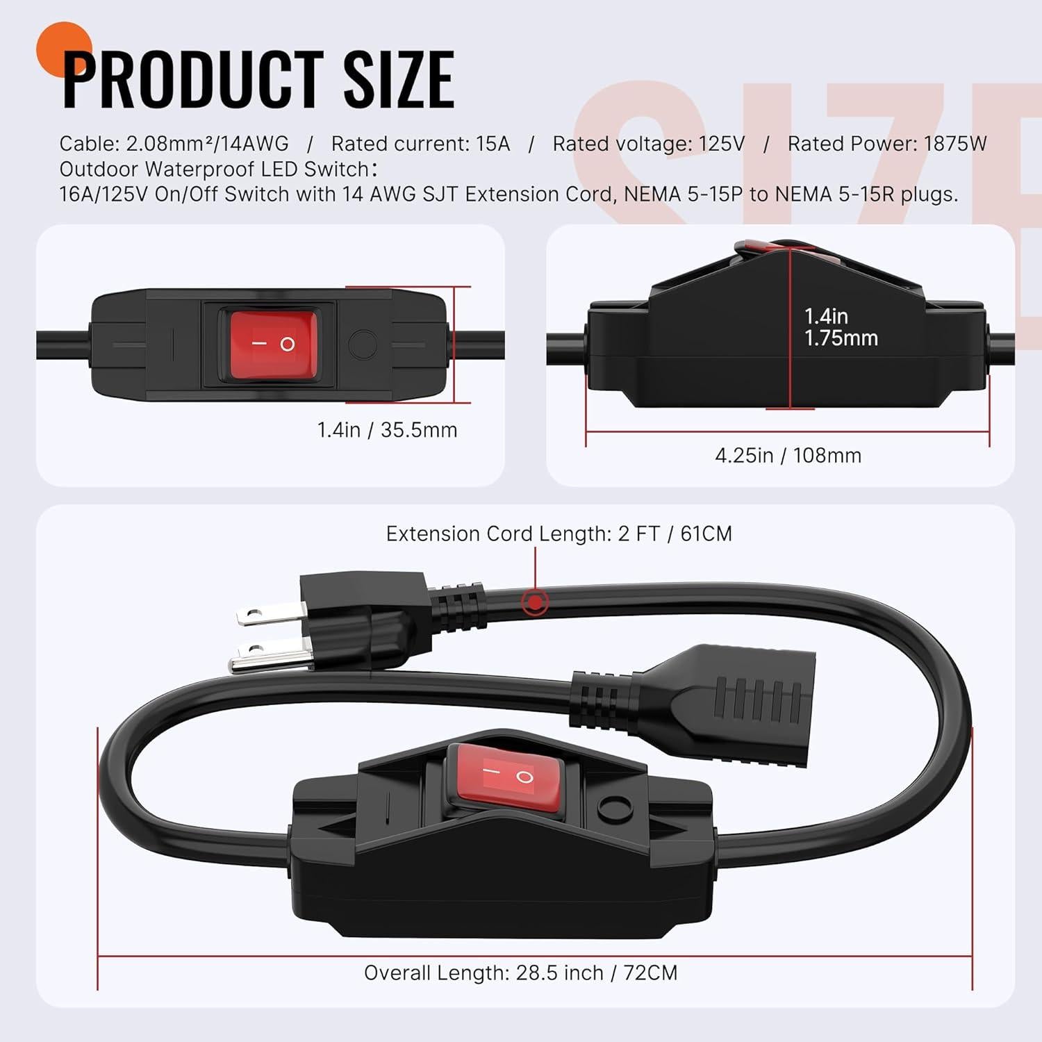 Cable de Extensión 0.61 m Joinfworld con Interruptor Impermeable