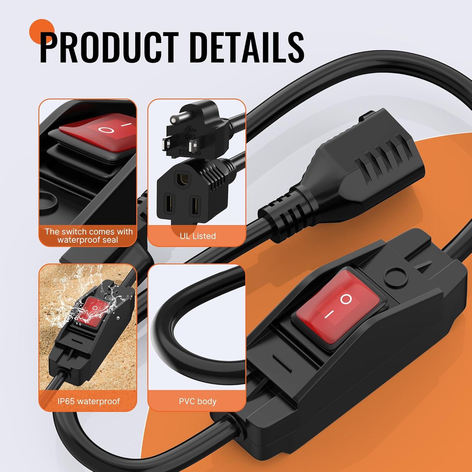 Cable de Extensión 0.61 m Joinfworld con Interruptor Impermeable