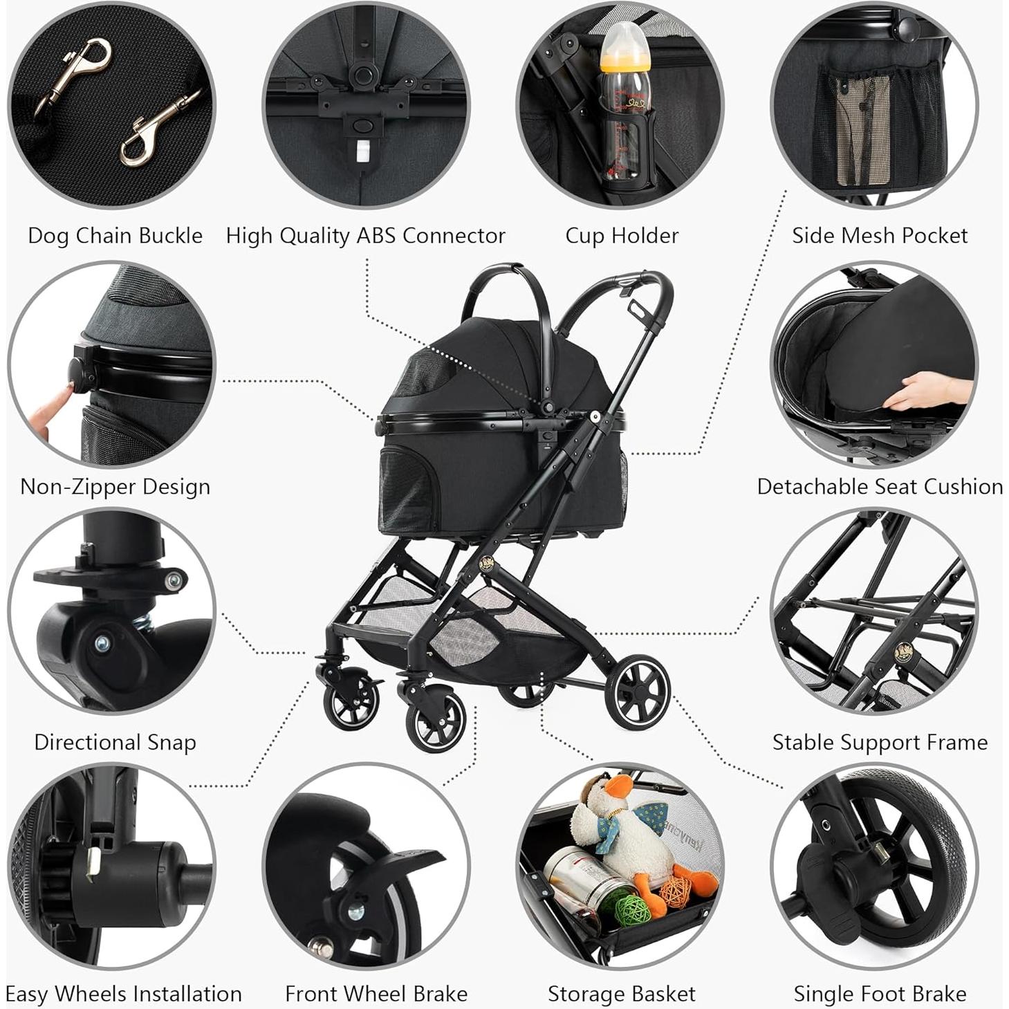 Carrito para Mascotas 3-en-1 Kenyone C310L Negro Plegable
