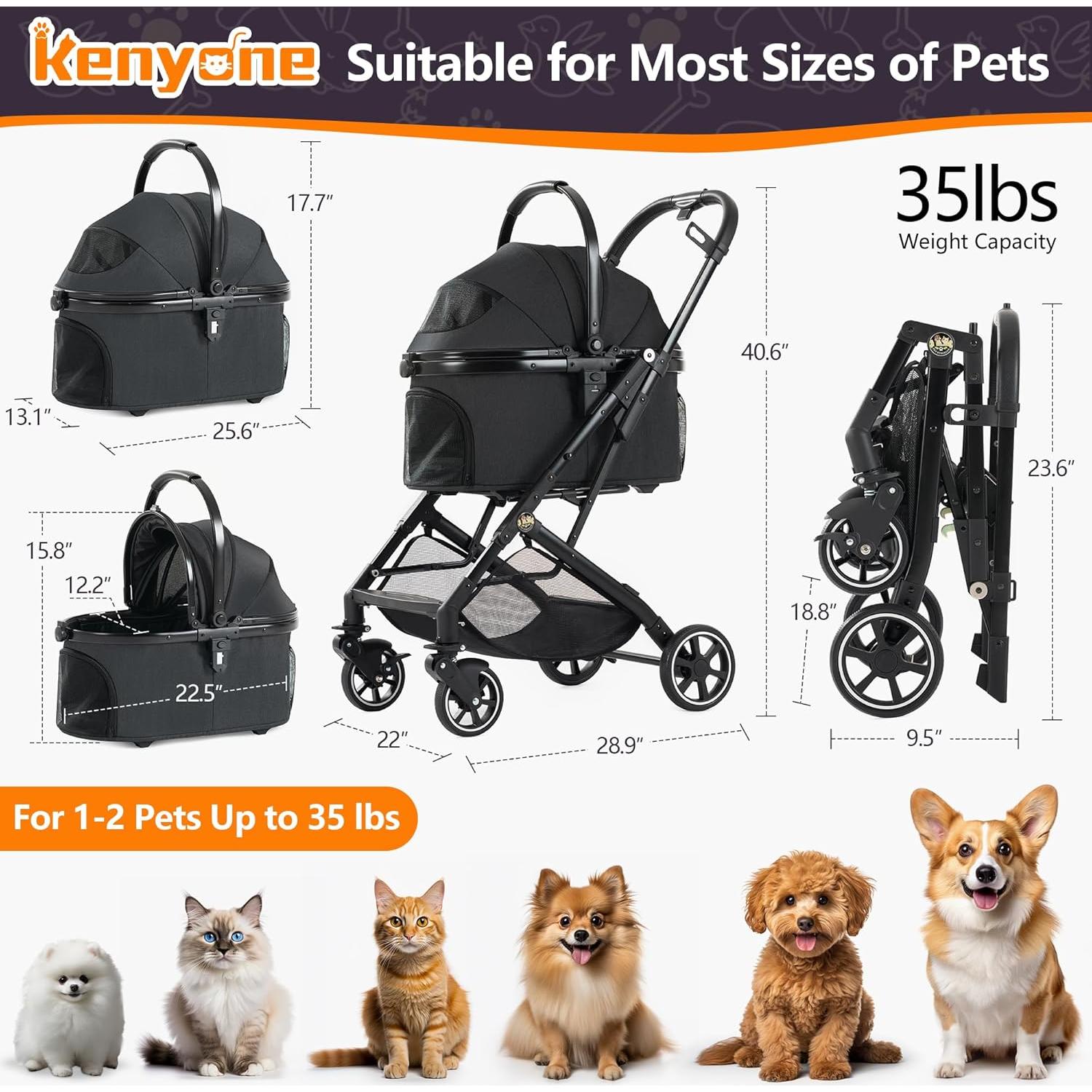 Carrito para Mascotas 3-en-1 Kenyone C310L Negro Plegable