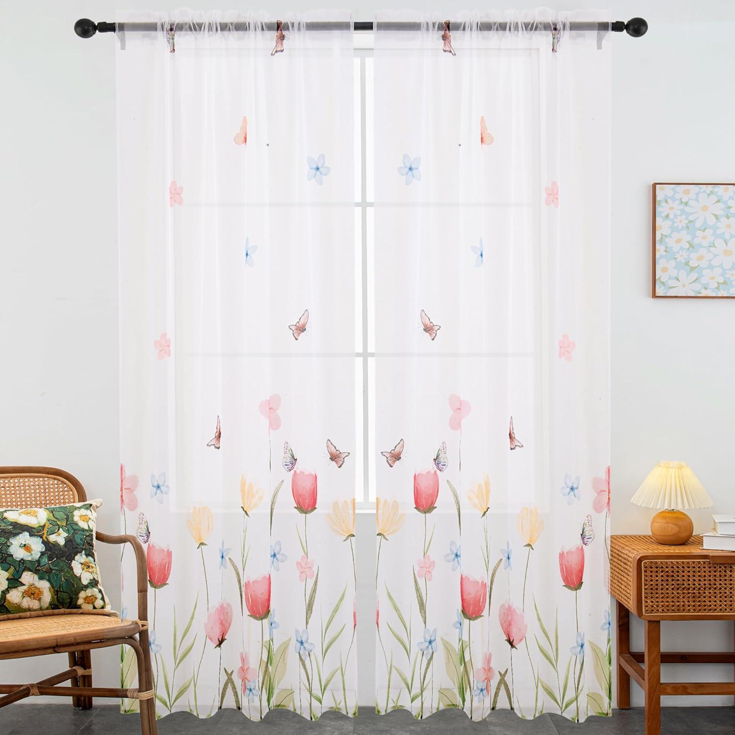 Cortinas Transparentes Florales Youleyar 132x137 cm - 2 Paneles