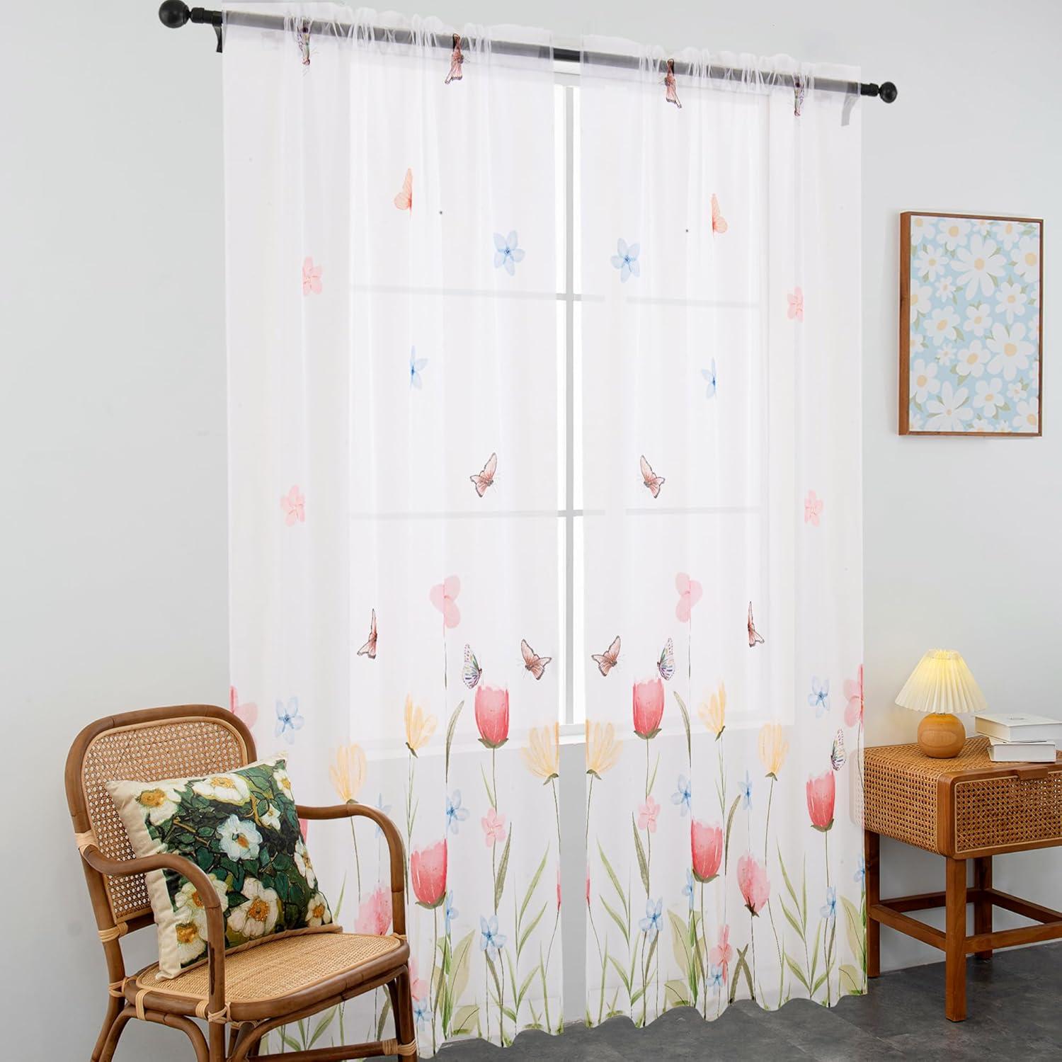 Cortinas Transparentes Florales Youleyar 132x137 cm - 2 Paneles