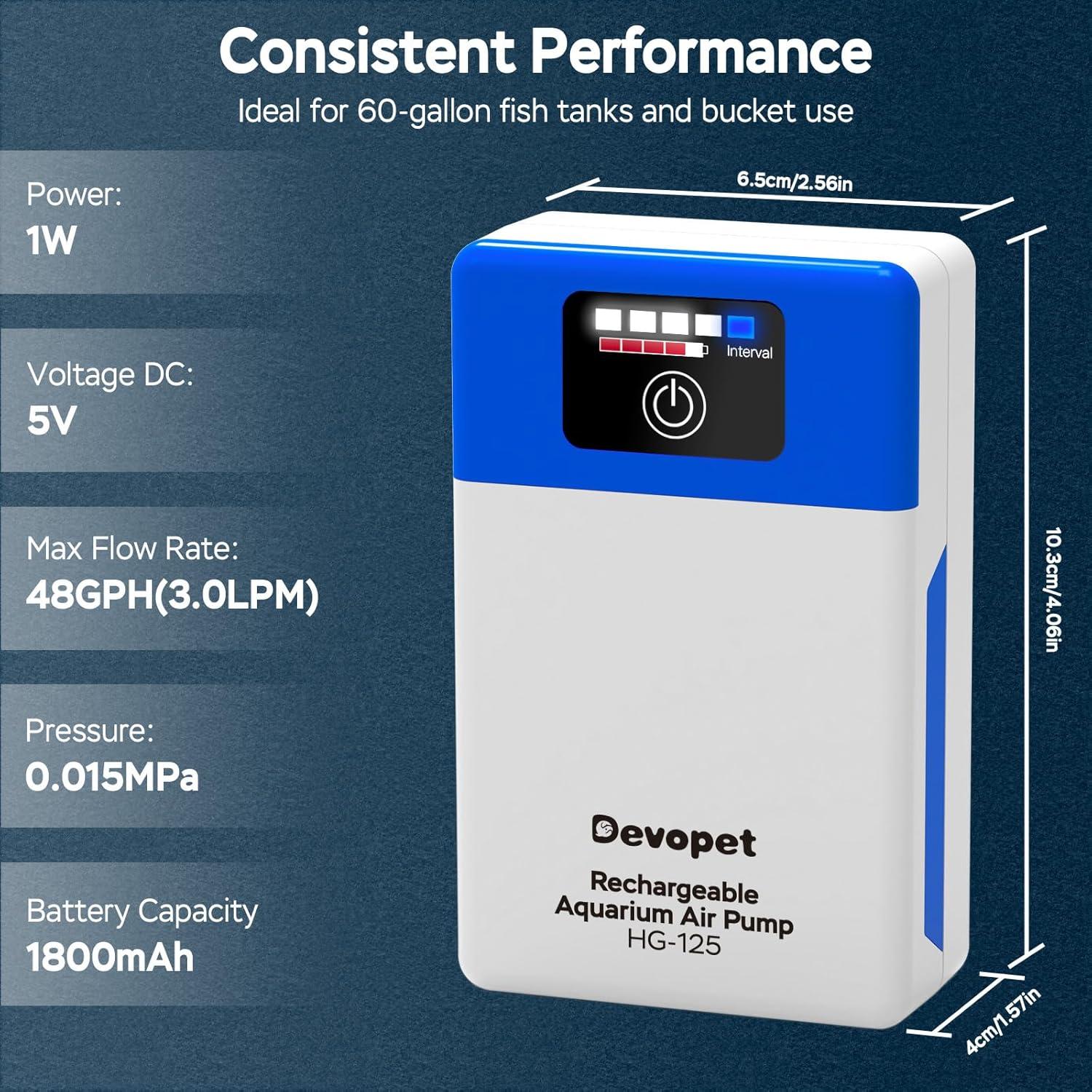 Bomba de aire recargable Devopet para acuario 60 Gal