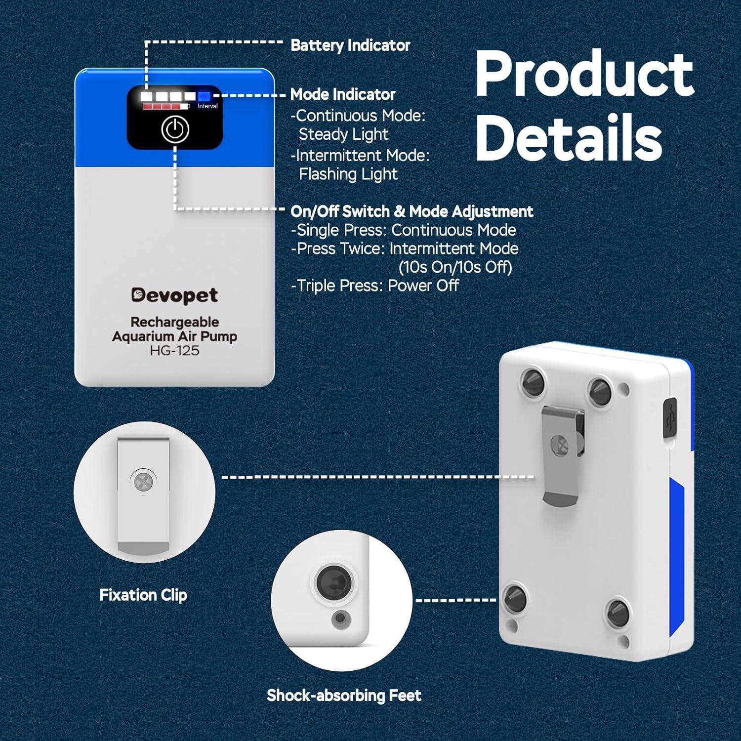 Bomba de aire recargable Devopet para acuario 60 Gal