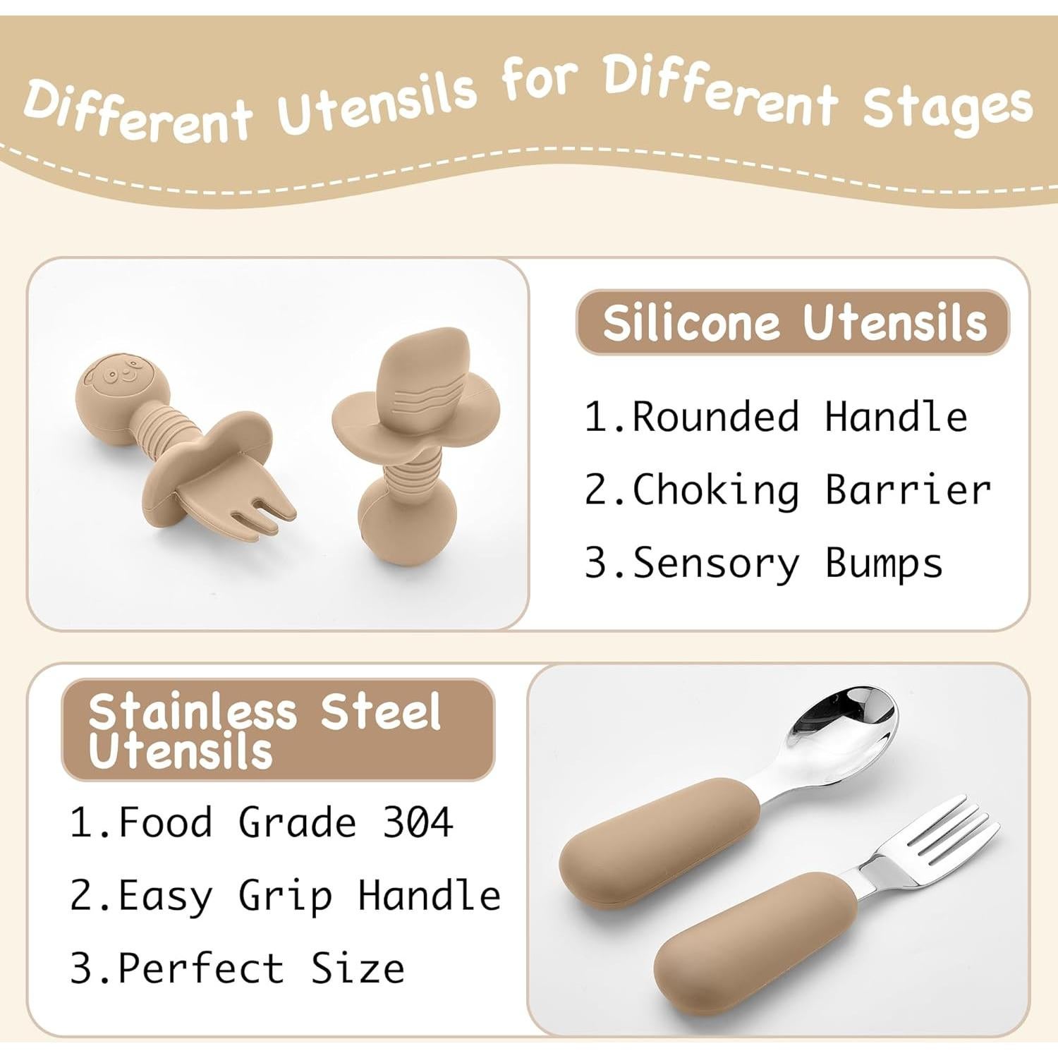 Juego de Alimentación Silicona Bufims 10 Piezas Beige 6+ Meses