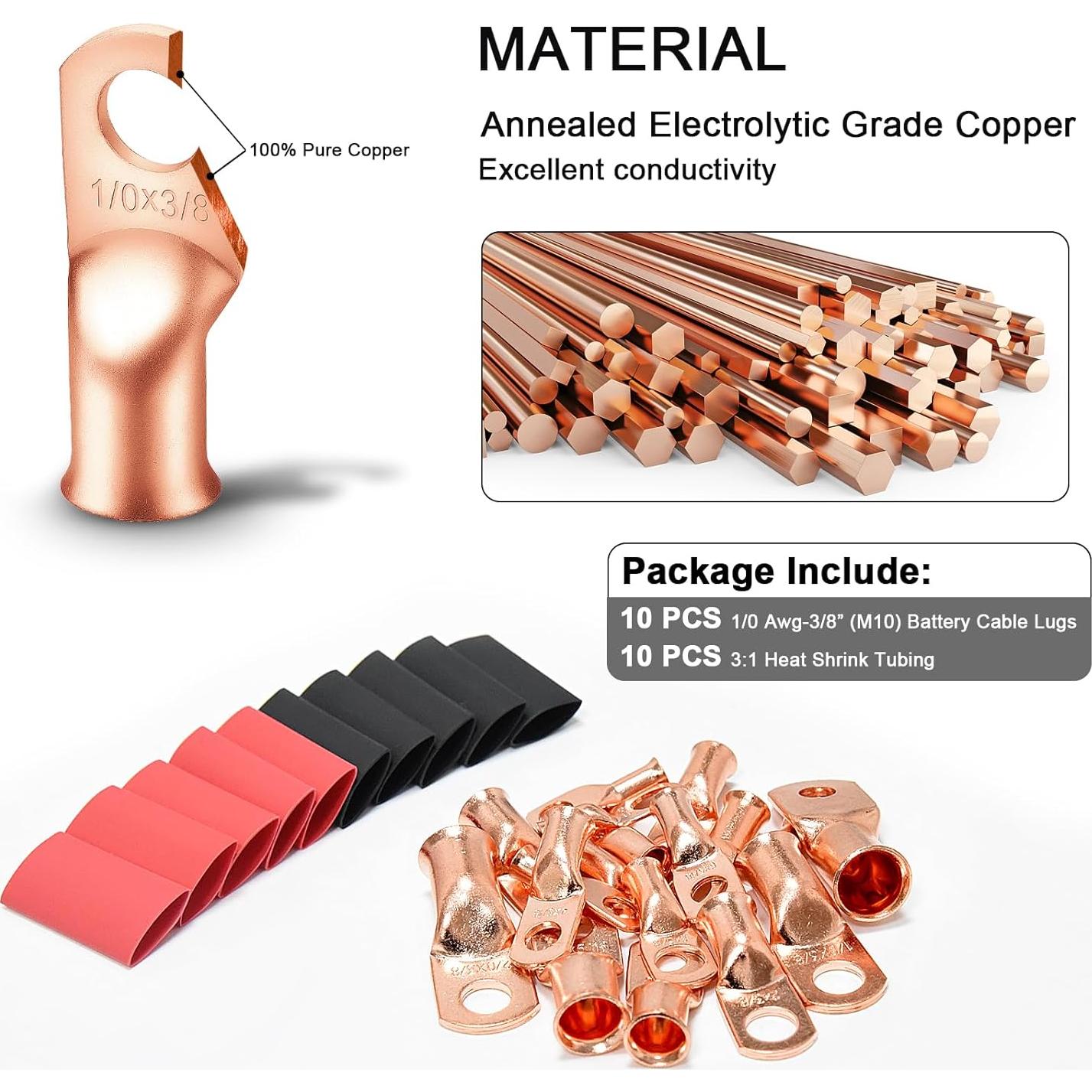 Conectores de Terminal de Batería iGreely 1/0 AWG 3/8" - 10 Pcs