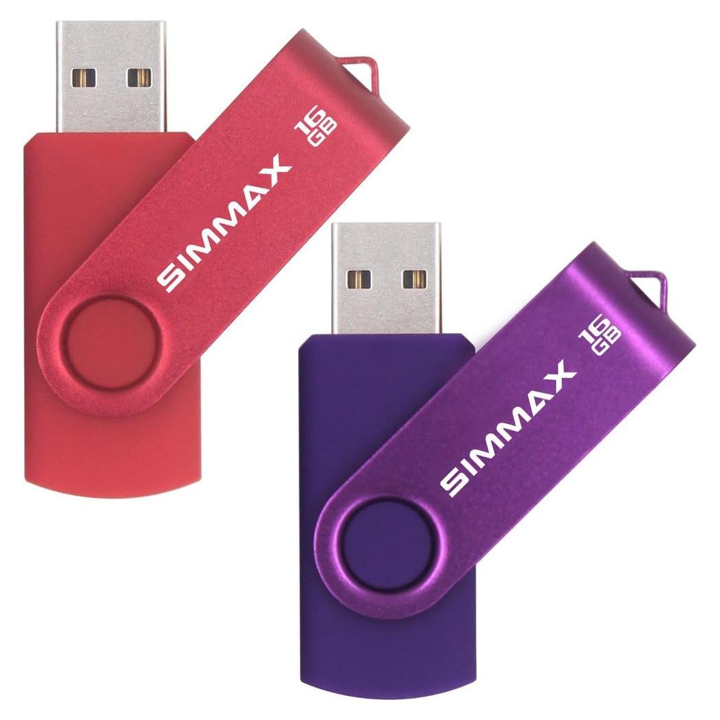 Paquete de 2 Unidades Flash USB 16GB SIMMAX Giratorio Rojo Púrpura
