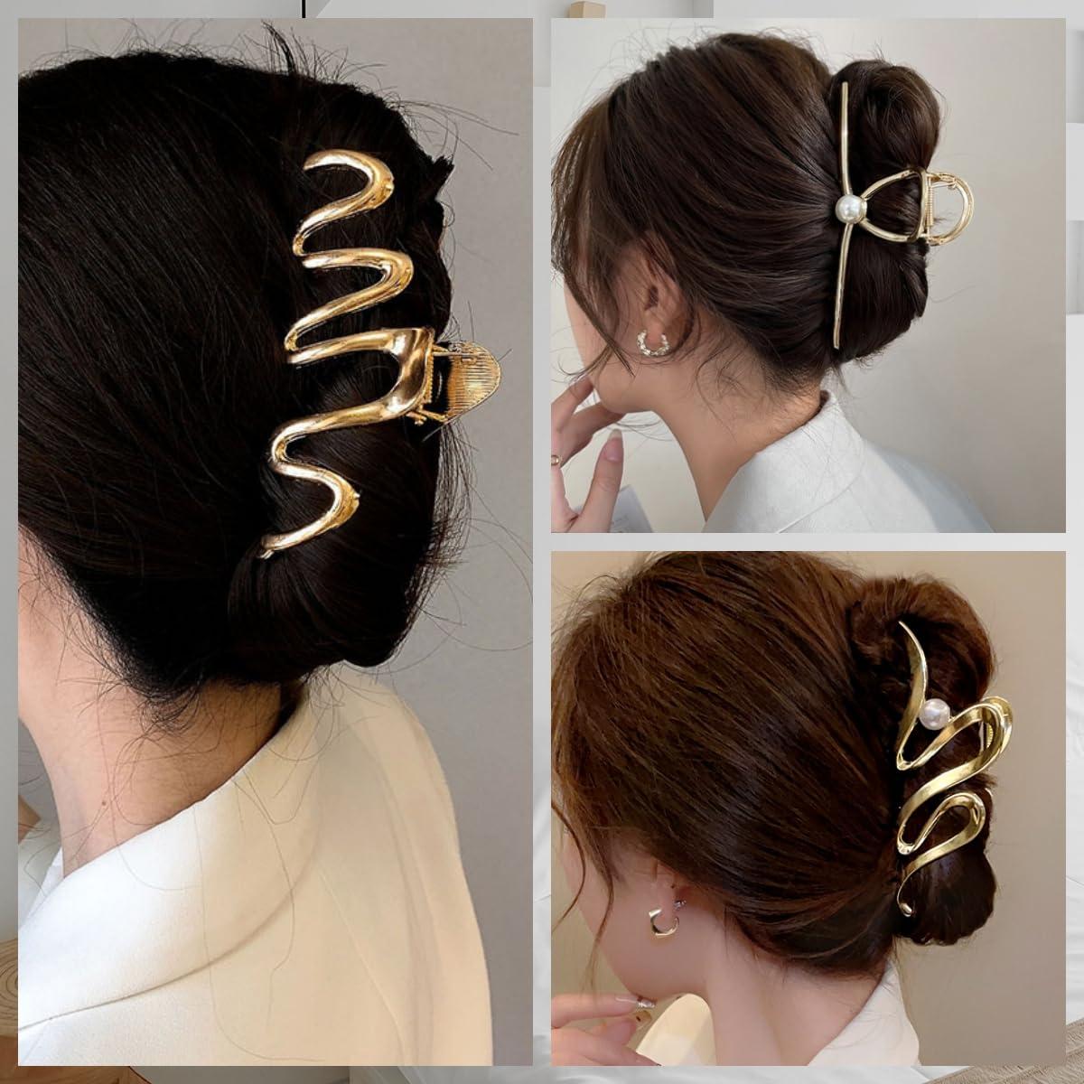 3 Clips de Garra de Metal Dorado Antideslizantes 11 cm para Cabello