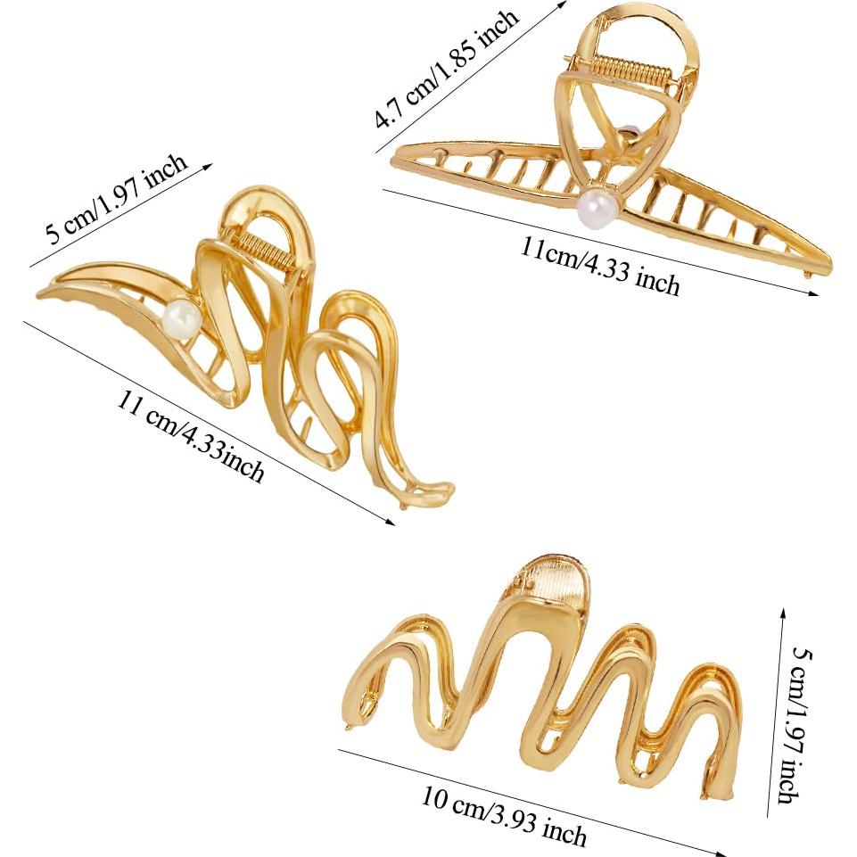3 Clips de Garra de Metal Dorado Antideslizantes 11 cm para Cabello