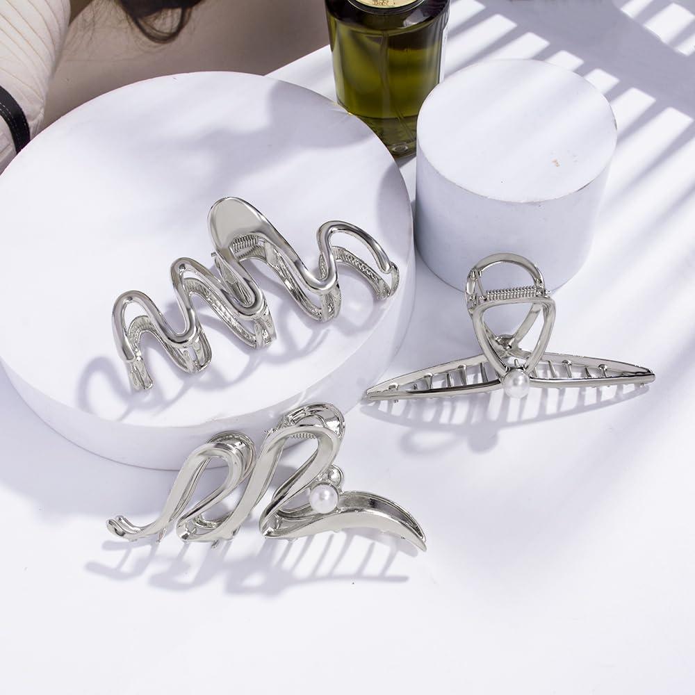 3 Clips de Garra de Metal Plateado para Cabello Grueso - Ruimo