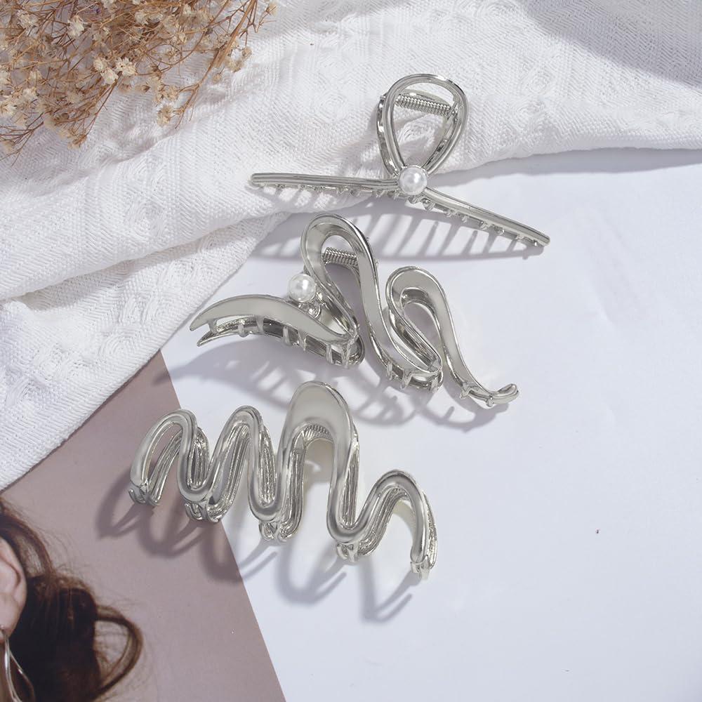 3 Clips de Garra de Metal Plateado para Cabello Grueso - Ruimo