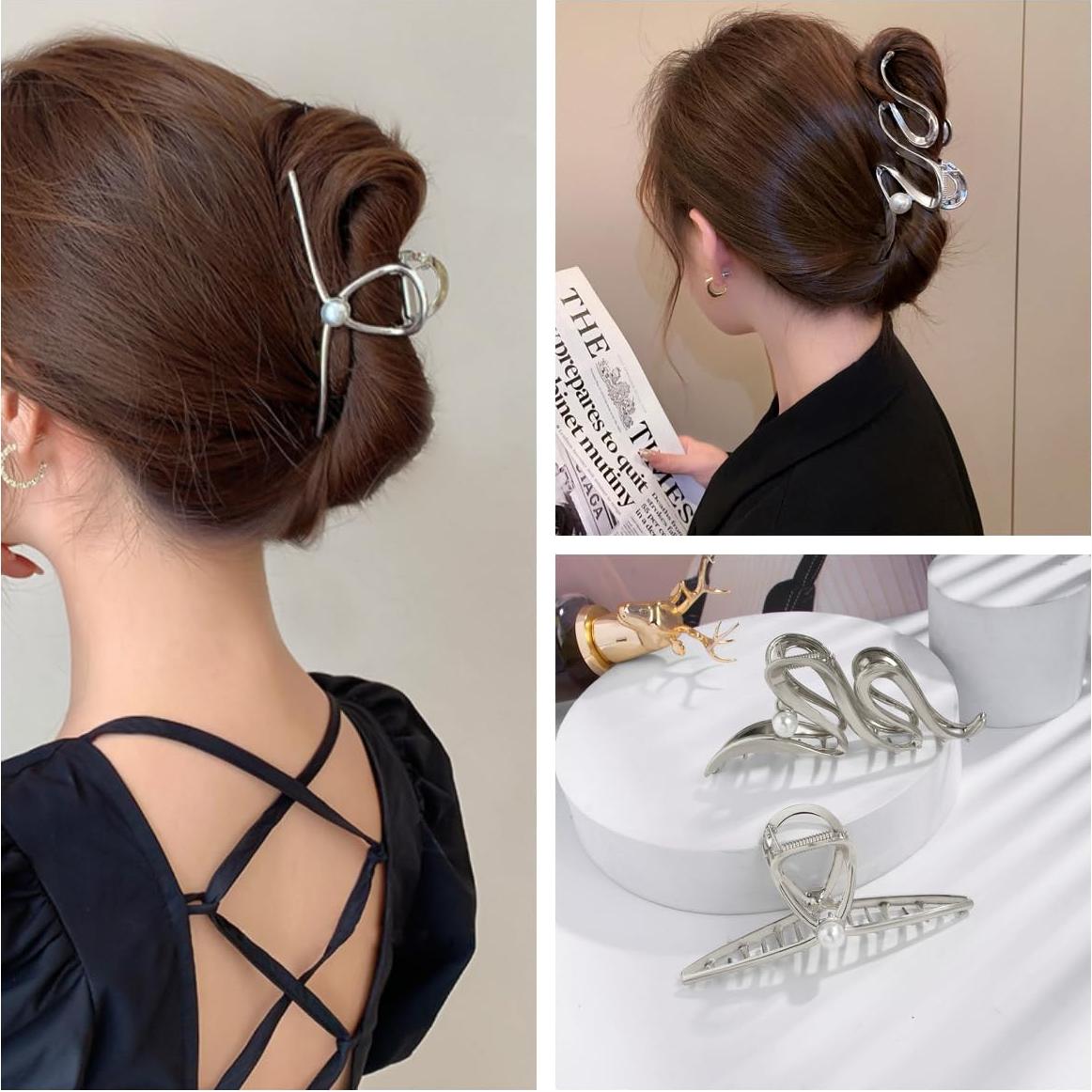 3 Clips de Garra de Metal Plateado para Cabello Grueso - Ruimo