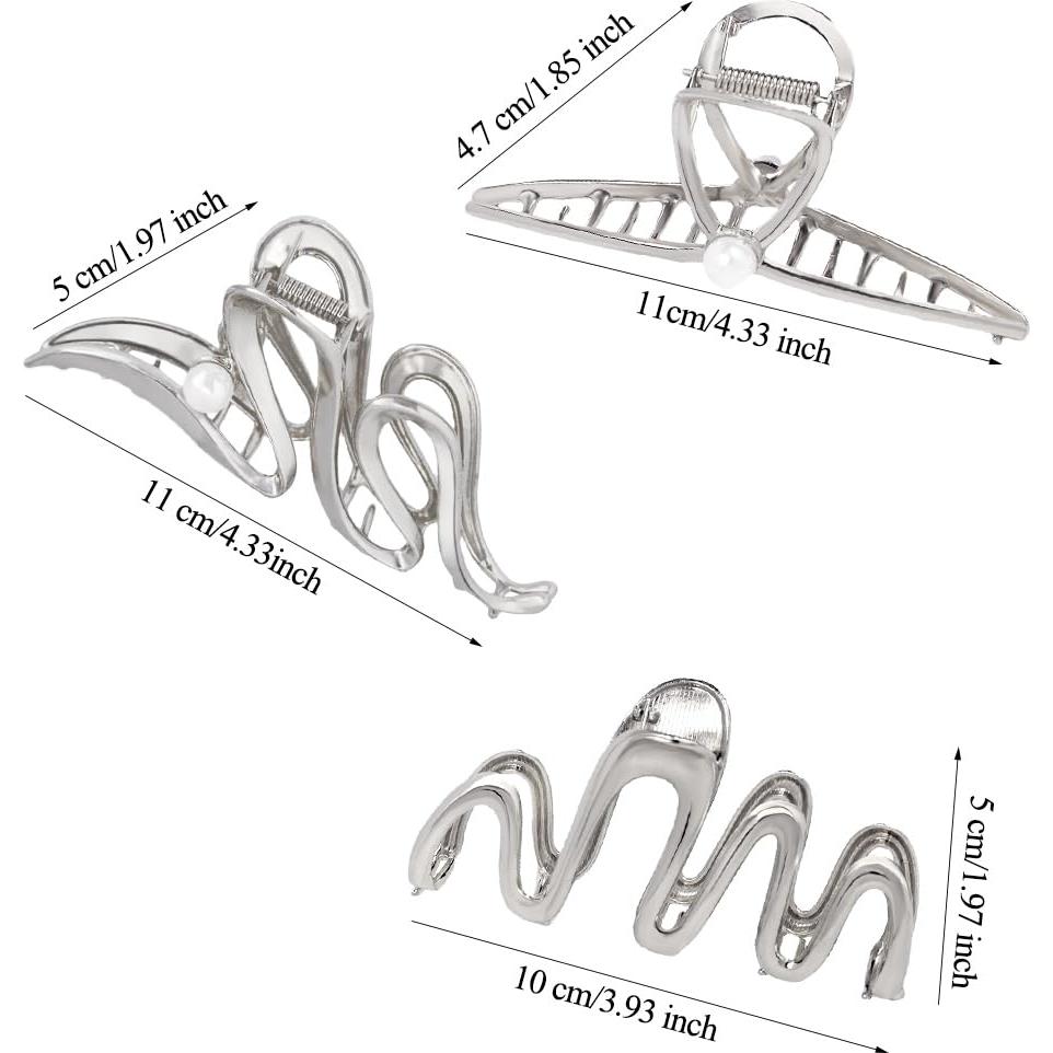 3 Clips de Garra de Metal Plateado para Cabello Grueso - Ruimo