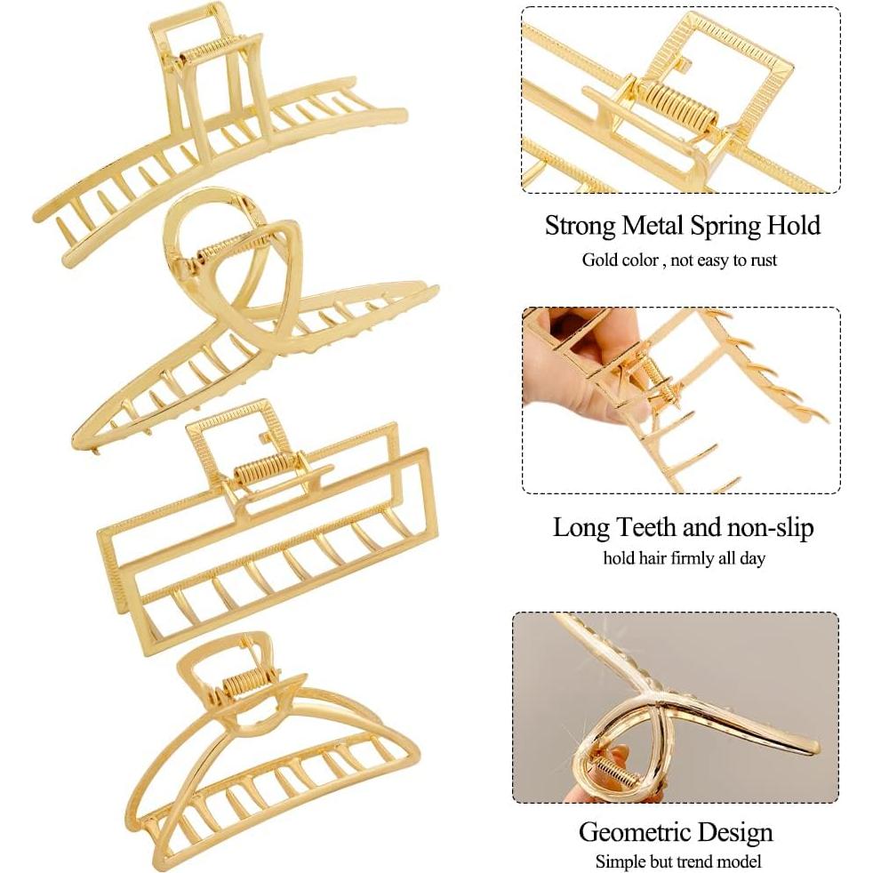 4 Clips de Pelo de Metal Dorado Ruimo - Tamaños Variados