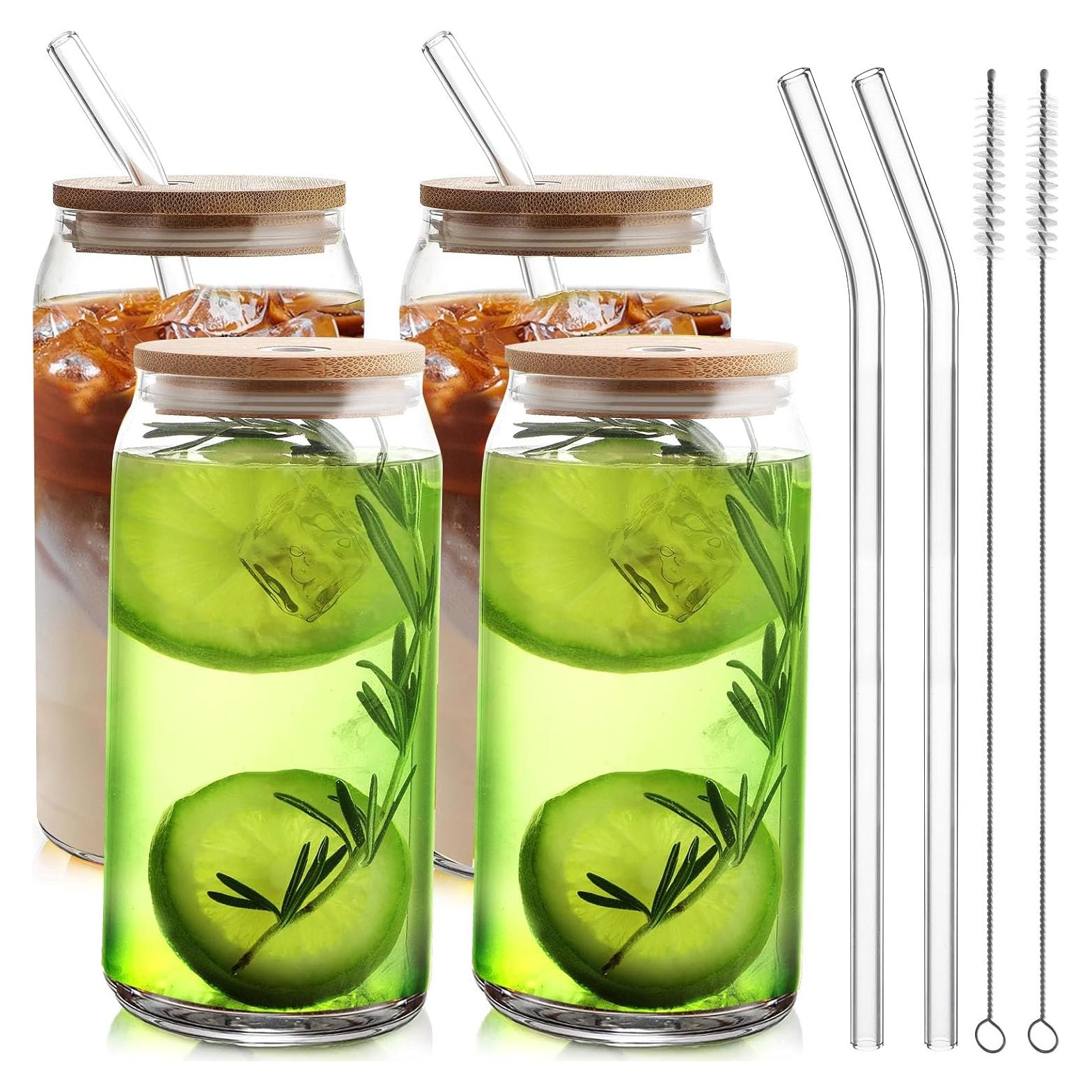 Set de 4 Tazas de Vidrio HOMBERKING con Tapas de Bambú 20oz