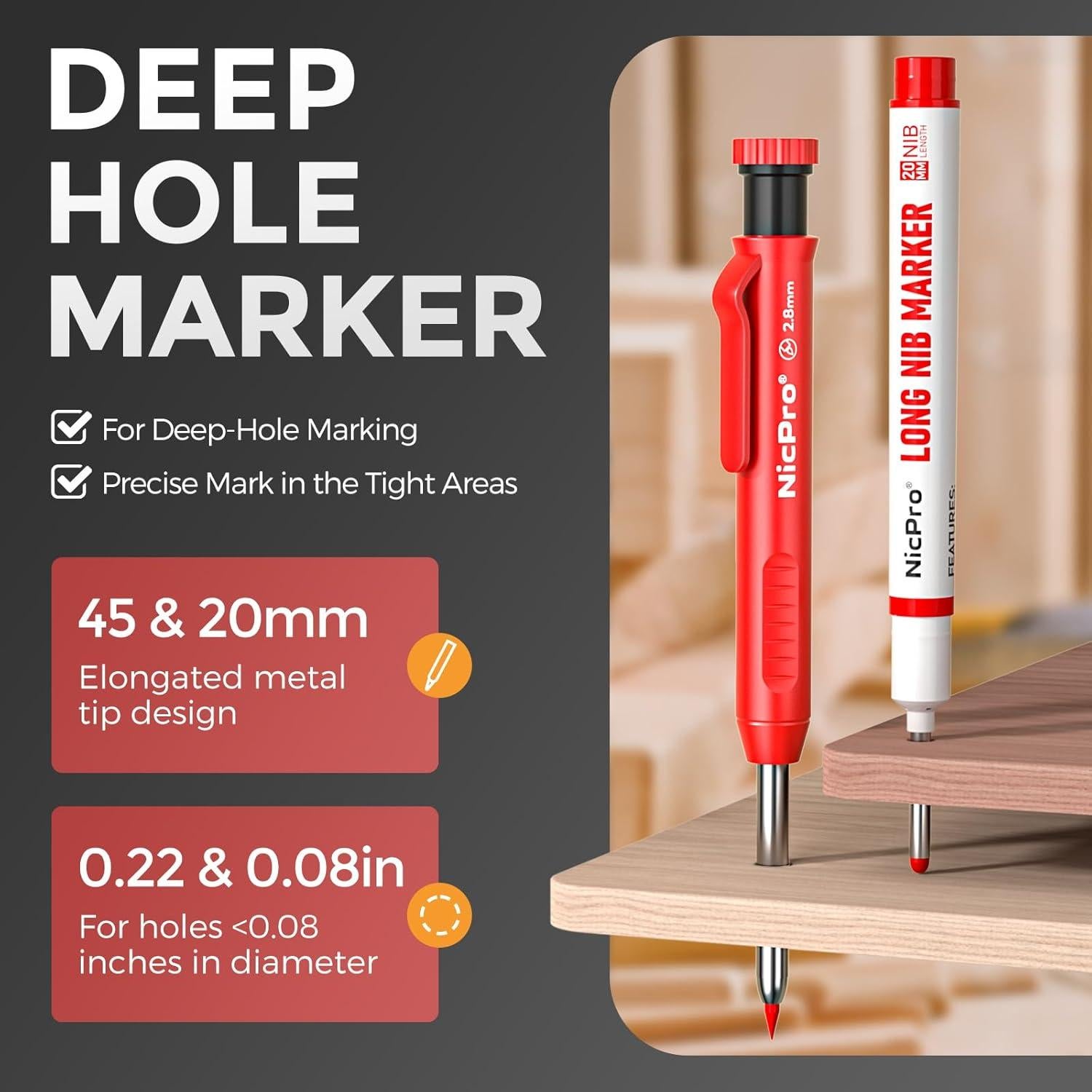 Nicpro Lápiz de Carpintero Mecánico 2 Pack con Sacapuntas y 26 Recargas