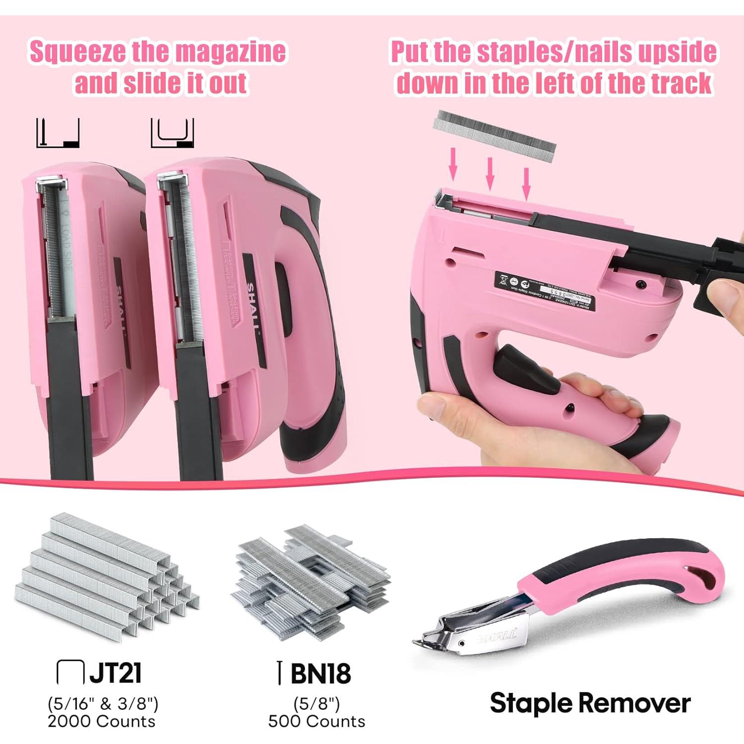 Pistola de Grapas Eléctrica Rosa SHALL 4V Inalámbrica 2 en 1