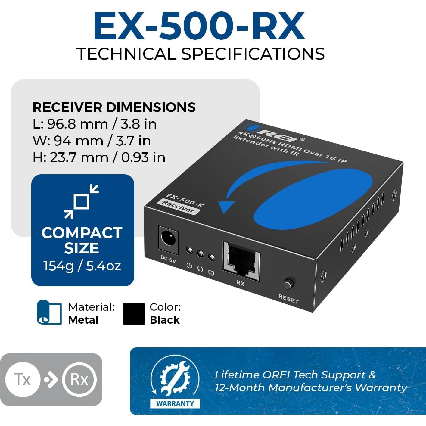 Receptor HDMI OREI EX-500-RX 4K sobre IP hasta 120m