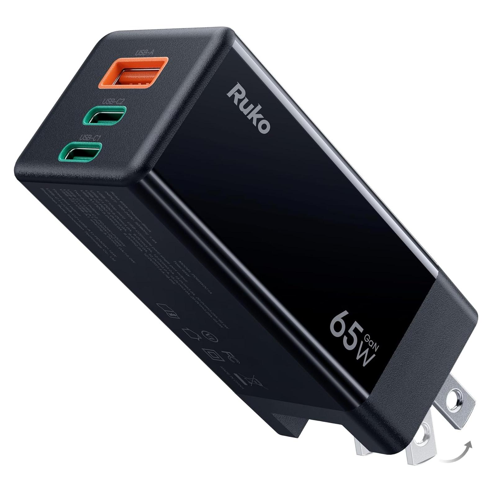 Cargador Ruko PD65W USB-C 3 Puertos Carga Rápida Compacto