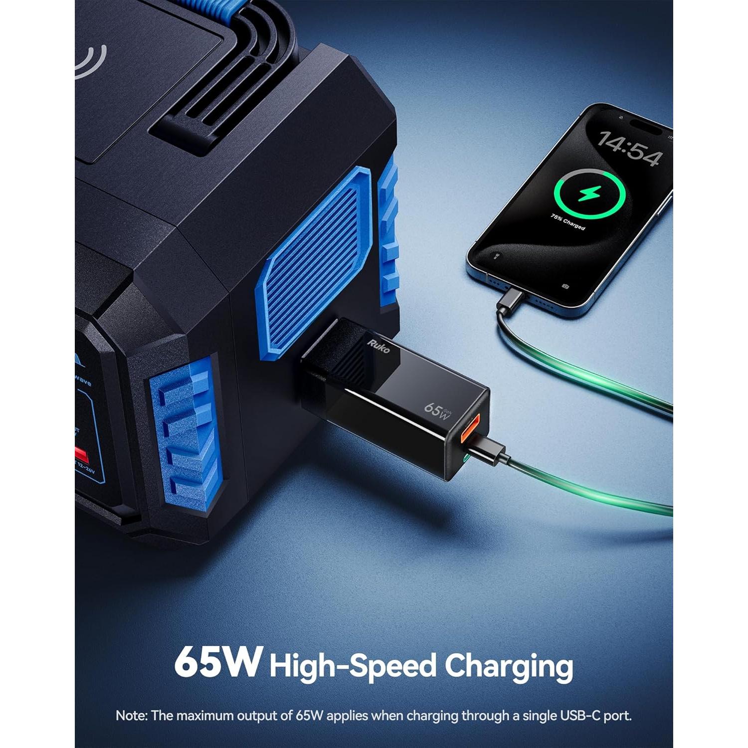 Cargador Ruko PD65W USB-C 3 Puertos Carga Rápida Compacto