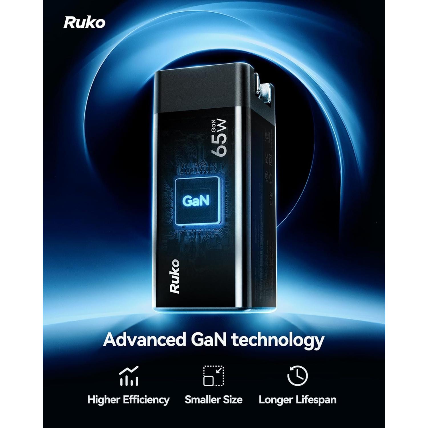 Cargador Ruko PD65W USB-C 3 Puertos Carga Rápida Compacto