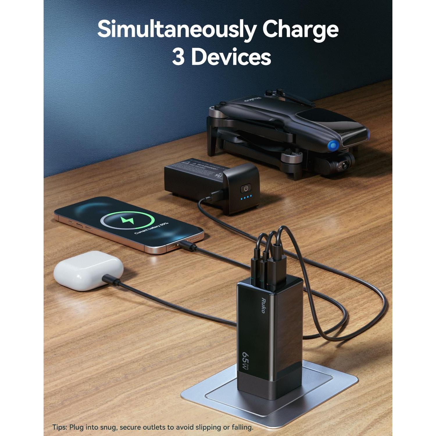 Cargador Ruko PD65W USB-C 3 Puertos Carga Rápida Compacto