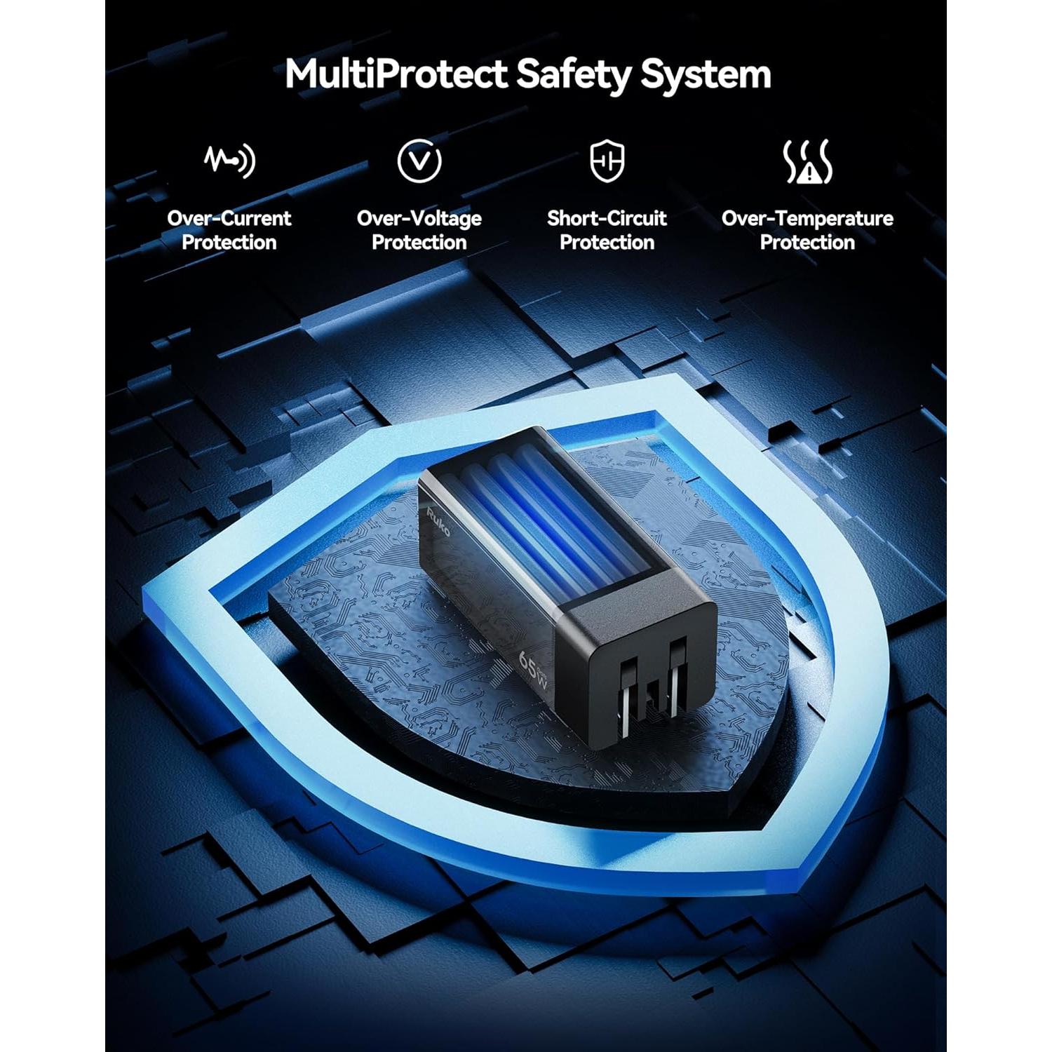 Cargador Ruko PD65W USB-C 3 Puertos Carga Rápida Compacto