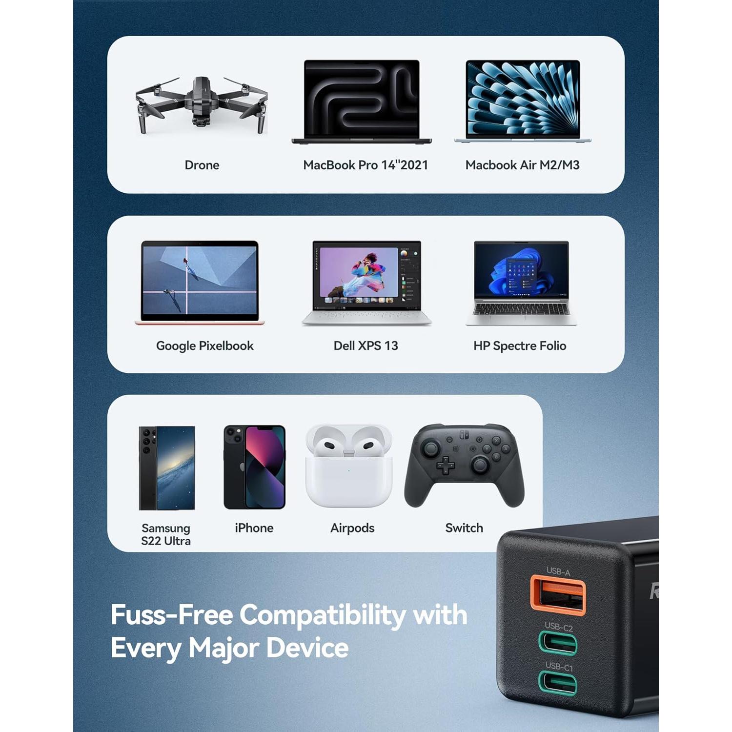 Cargador Ruko PD65W USB-C 3 Puertos Carga Rápida Compacto