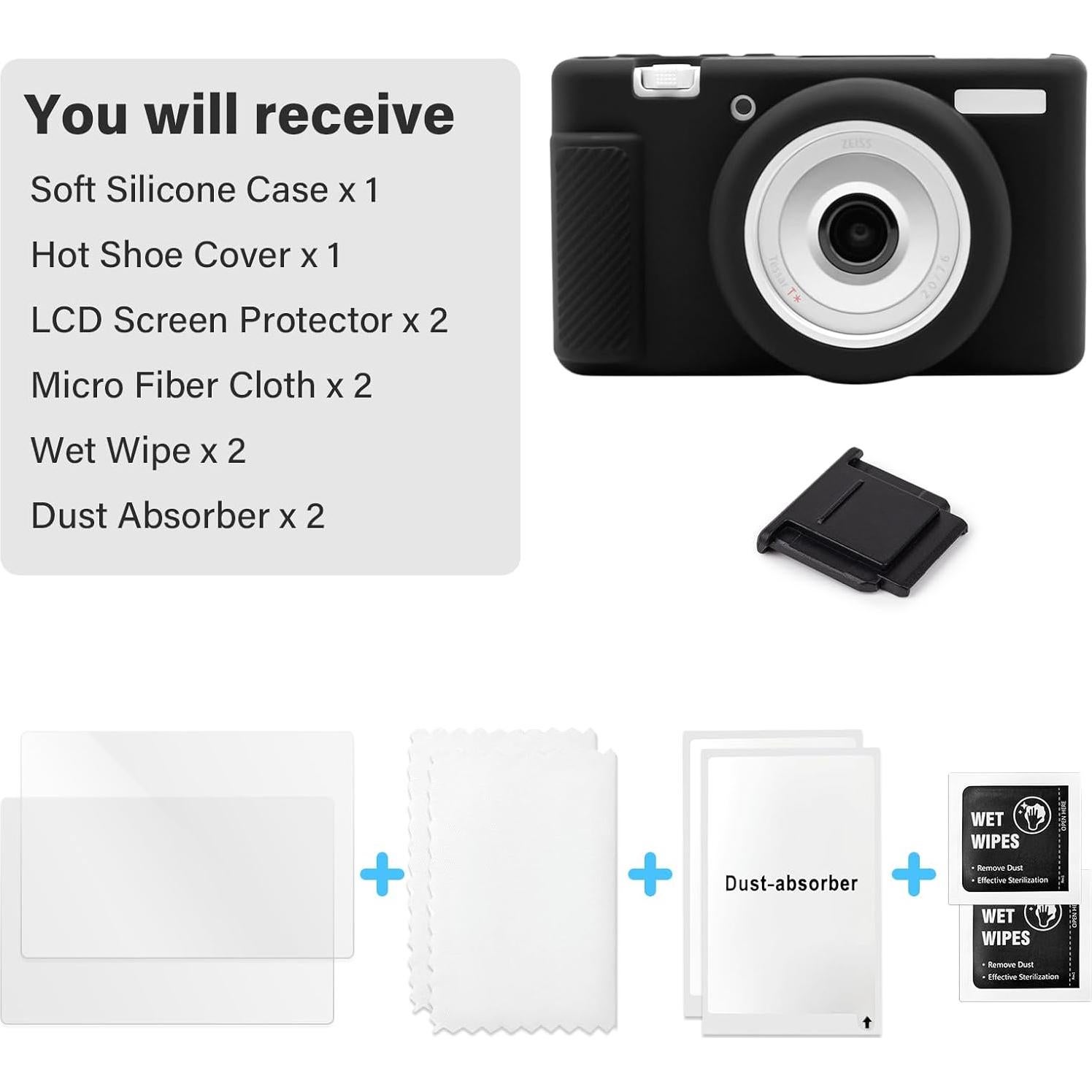 Kit de Accesorios para Cámara Sony ZV-1F - Funda Silicona, 2 Protectores LCD, Cubierta Zapata