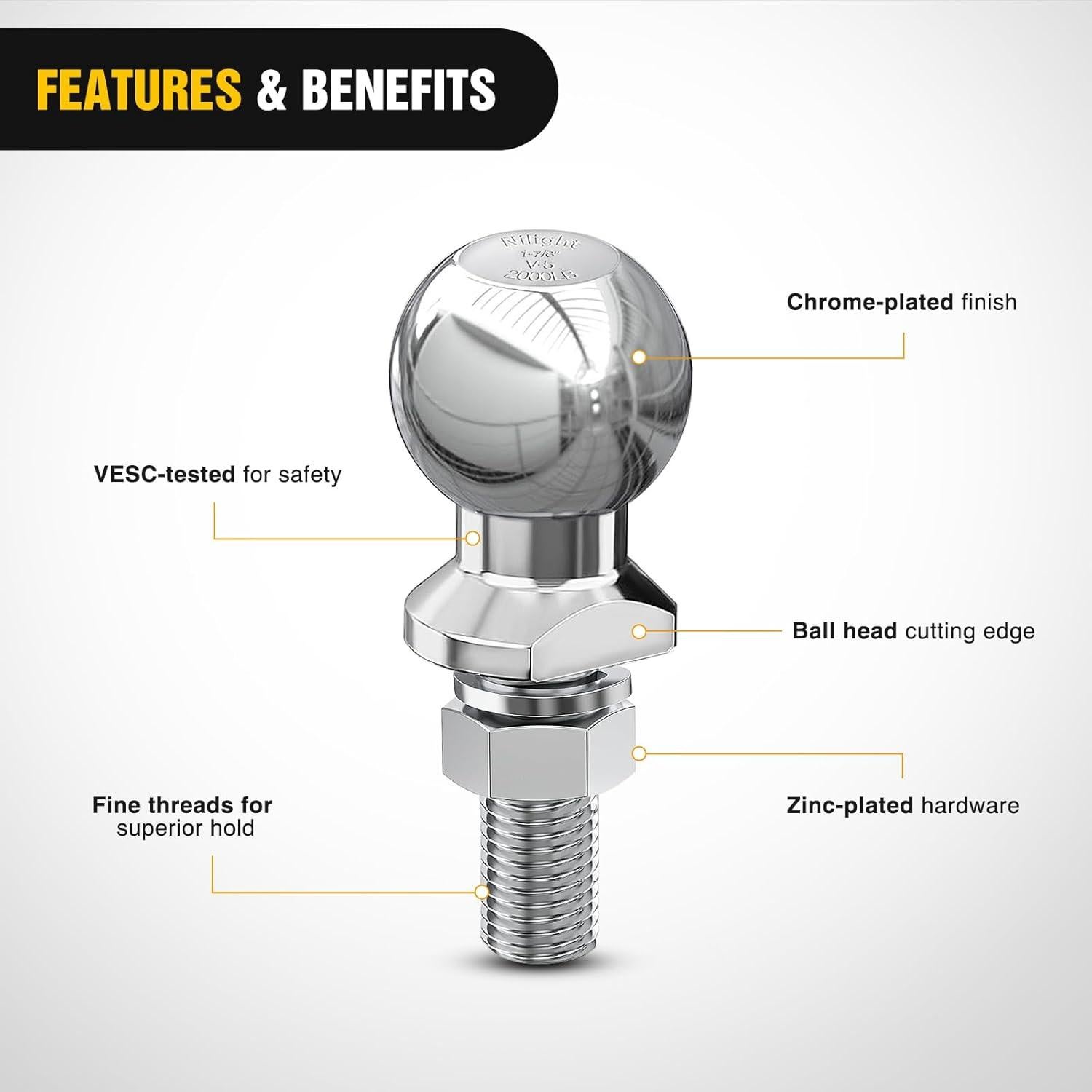 Bola de Enganche de Remolque Nilight 1-7/8" Cromo 907 kg