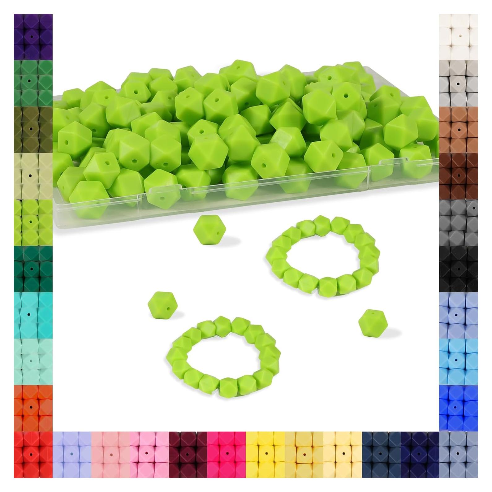90 Perlas de Silicona Hexagonales Aoughthee 14mm Verde Manzana